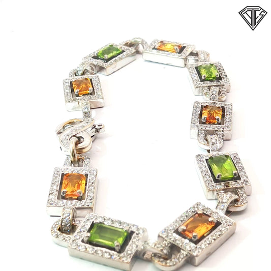 18k White Gold 6.5ct Citrine & Peridot Emerald Cut Shape / 3.00ct G VS2 Round Diamond Bracelet