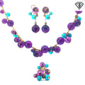 18k Yellow Gold Italian Amethyst, Turquoise and Round Diamond Demi Parure Necklace, Earrings and Ring Size 6.5 Set