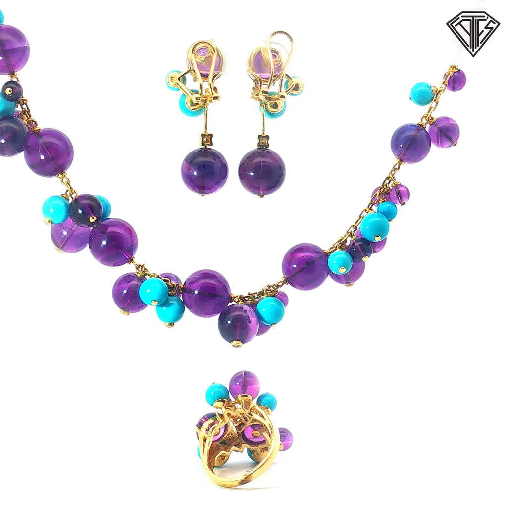 18k Yellow Gold Italian Amethyst, Turquoise and Round Diamond Demi Parure Necklace, Earrings and Ring Size 6.5 Set
