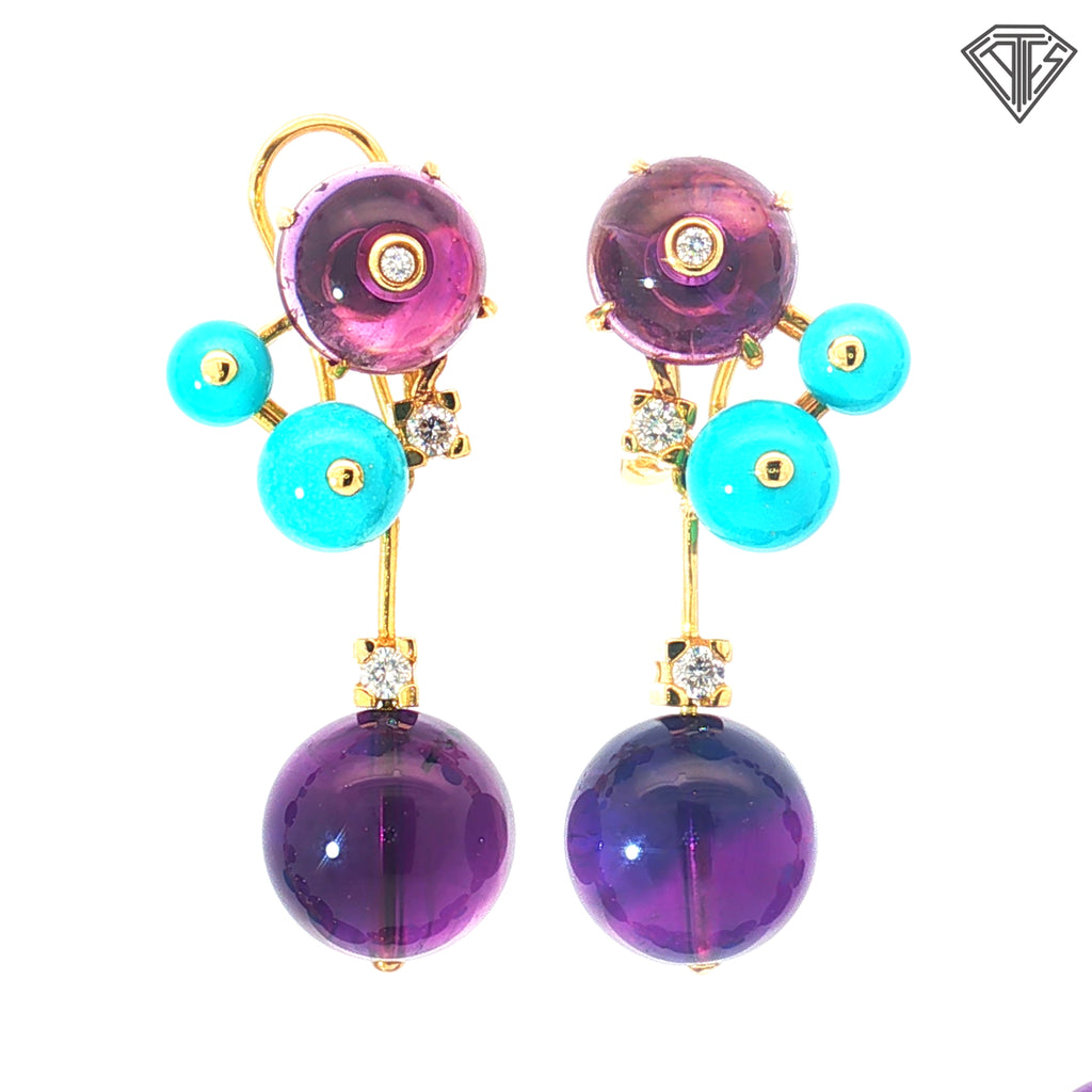 18k Yellow Gold Italian Amethyst, Turquoise and Round Diamond Demi Parure Necklace, Earrings and Ring Size 6.5 Set