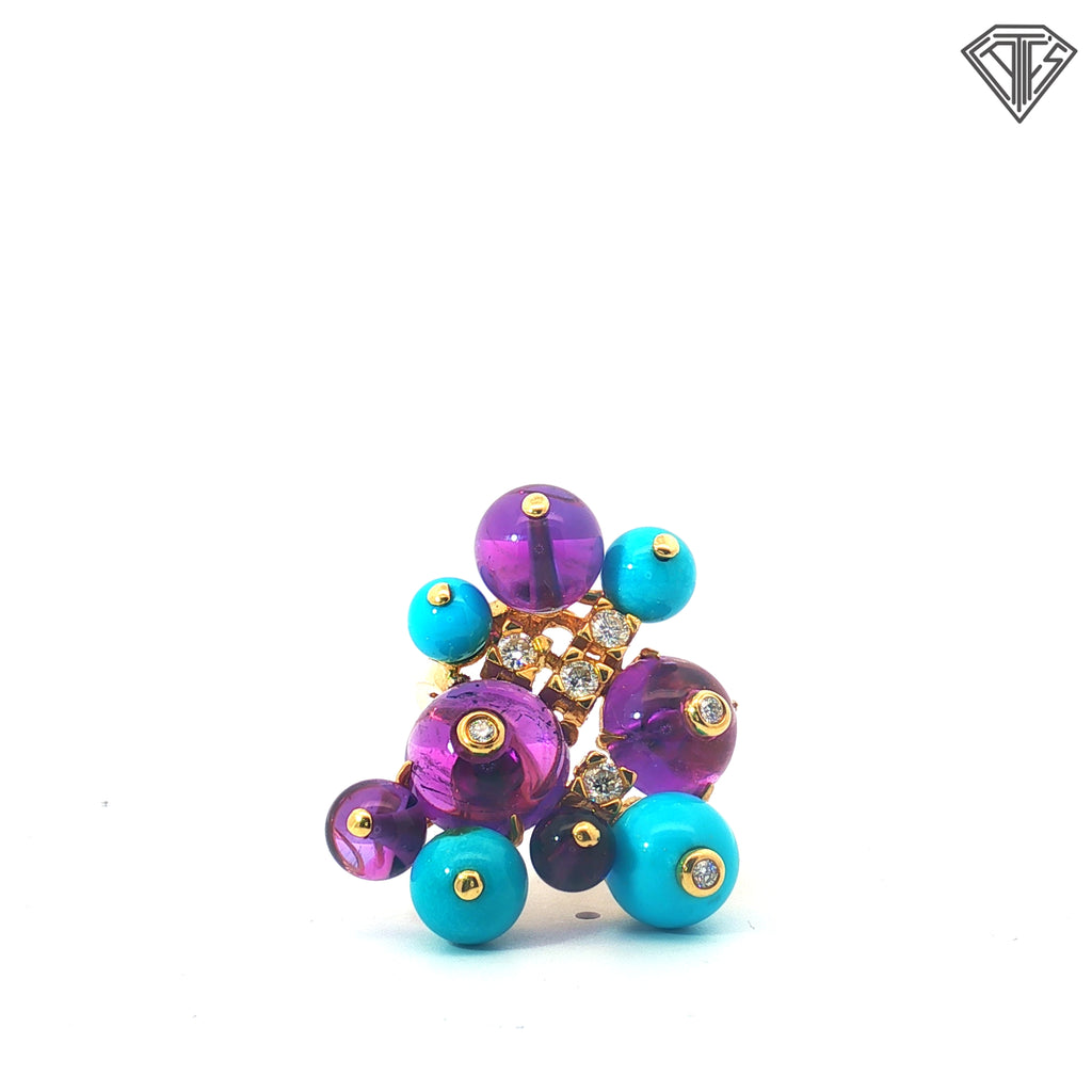 18k Yellow Gold Italian Amethyst, Turquoise and Round Diamond Demi Parure Necklace, Earrings and Ring Size 6.5 Set