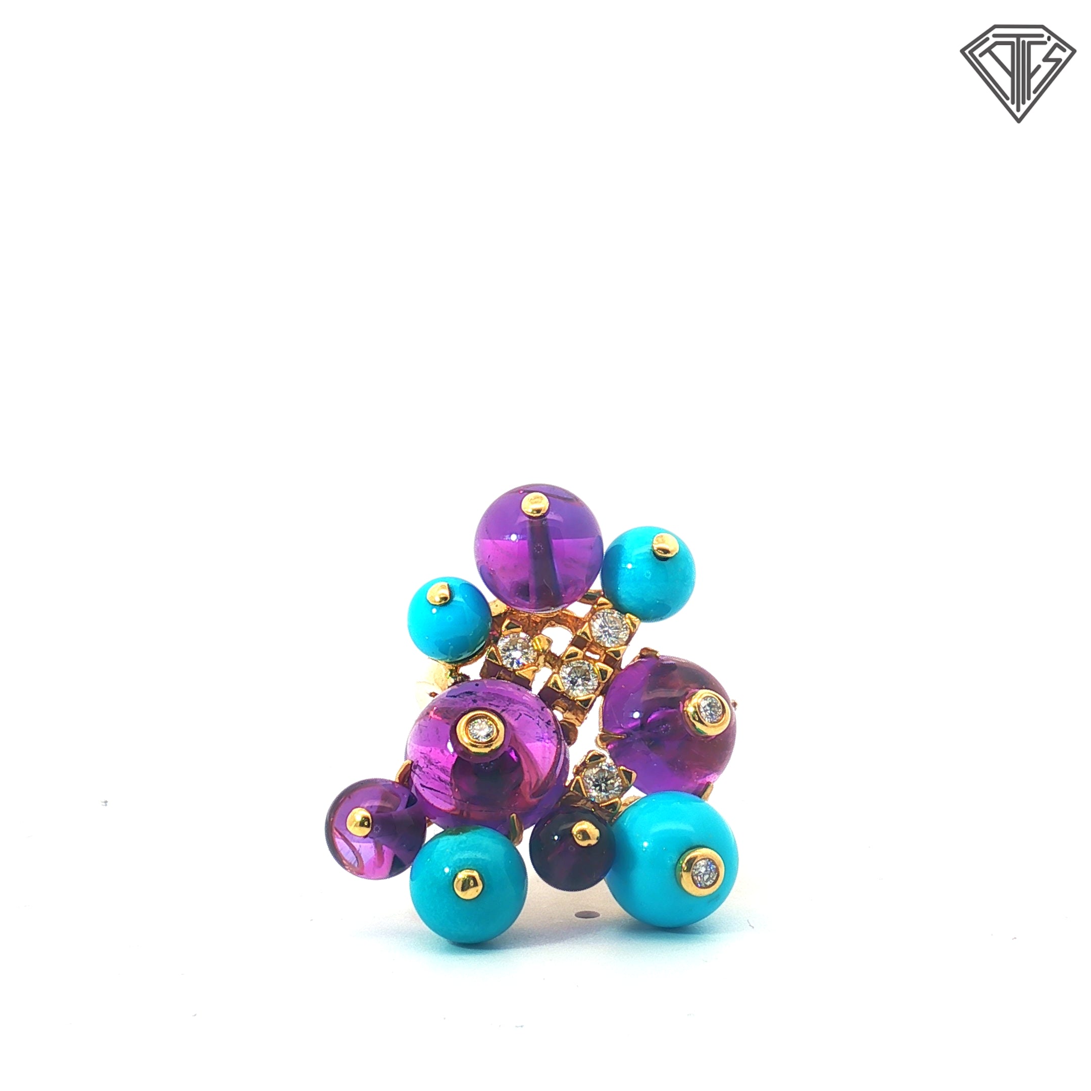 18k Yellow Gold Italian Amethyst, Turquoise and Round Diamond Demi Parure Necklace, Earrings and Ring Size 6.5 Set