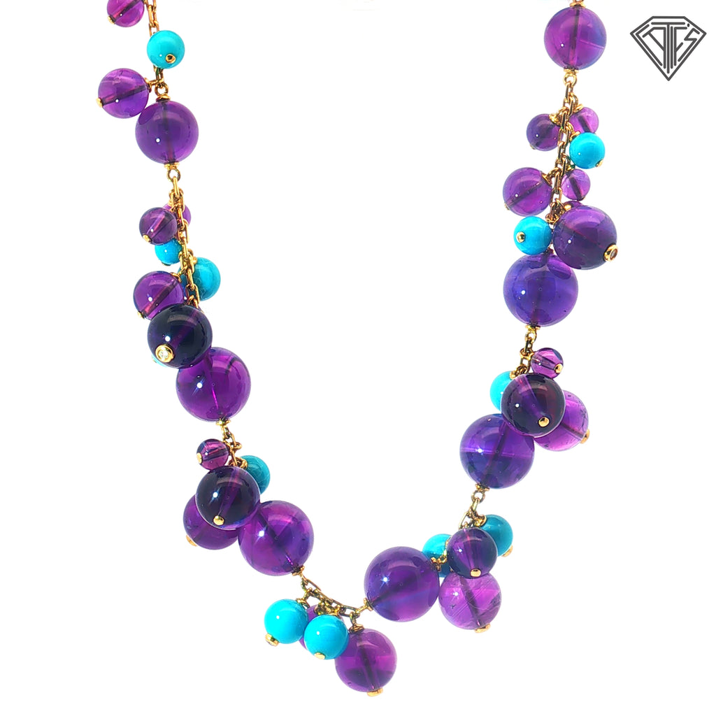 18k Yellow Gold Italian Amethyst, Turquoise and Round Diamond Demi Parure Necklace, Earrings and Ring Size 6.5 Set