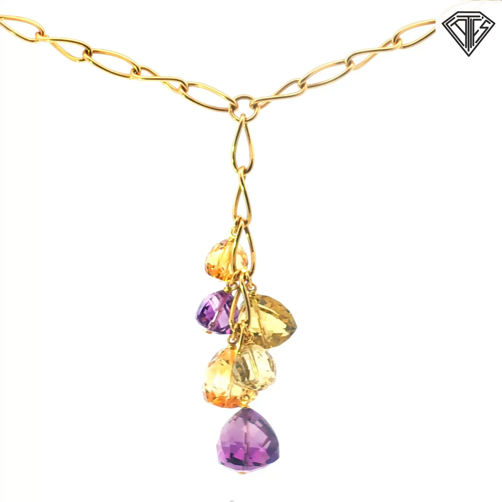 18k Yellow Gold Italian Multi Gemstones Amethyst, Peridot and Citrine Color Briolette Necklace and Earrings Set 54.6 gram