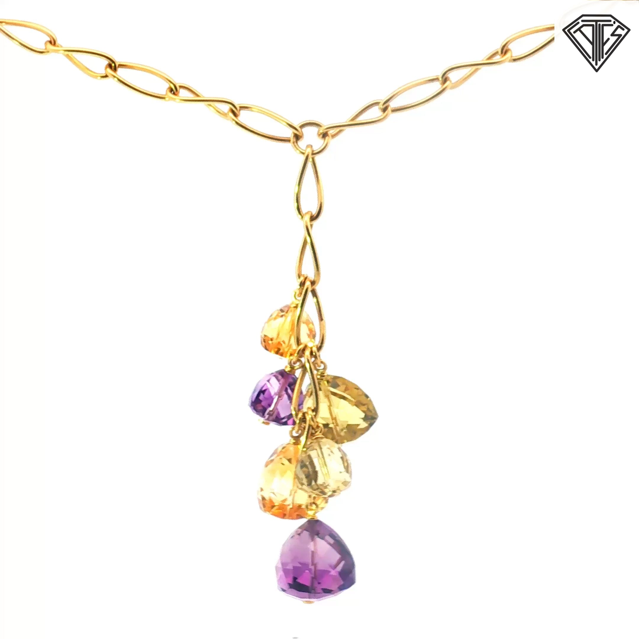 18k Yellow Gold Italian Multi Gemstones Amethyst, Peridot and Citrine Color Briolette Necklace and Earrings Set 54.6 gram