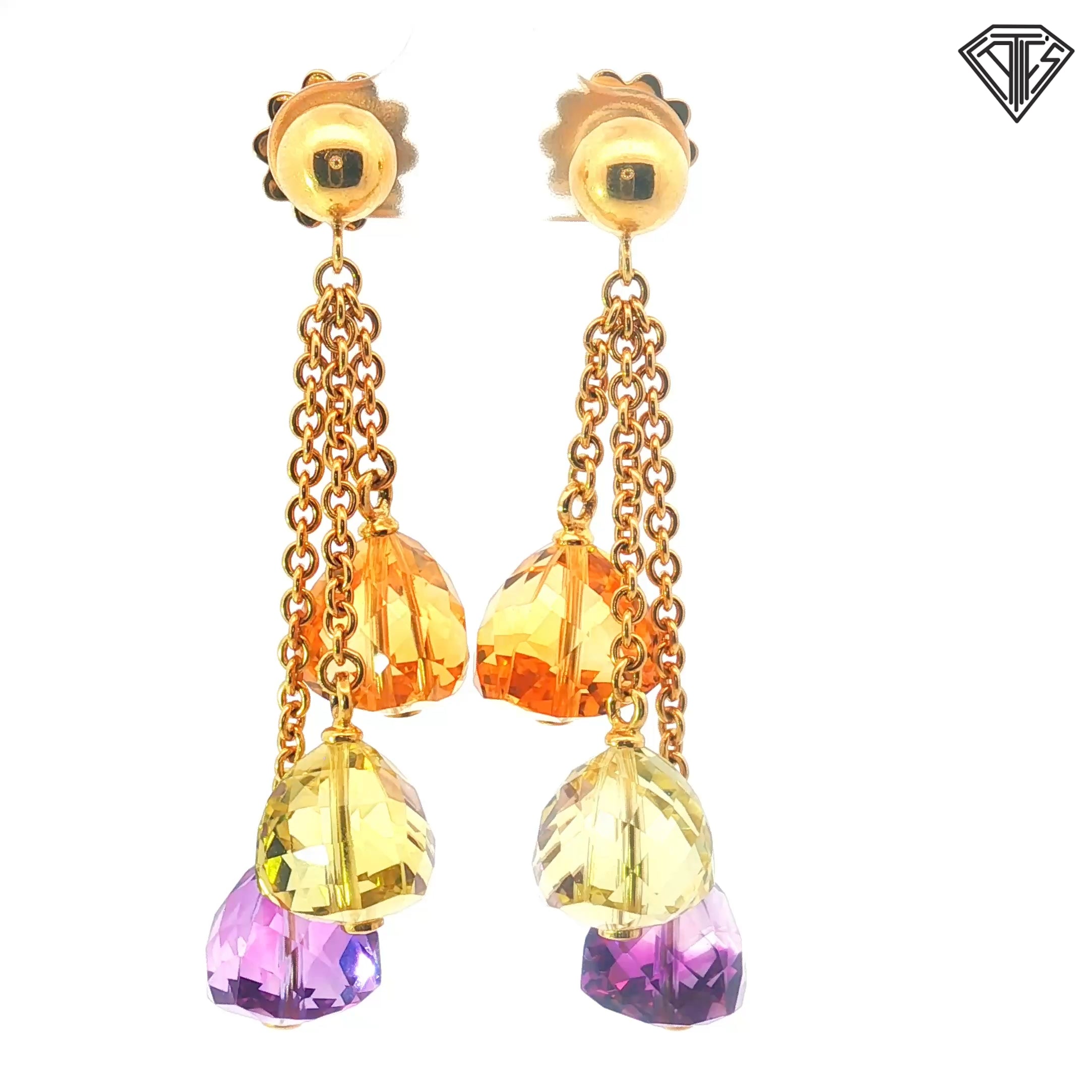 18k Yellow Gold Italian Multi Gemstones Amethyst, Peridot and Citrine Color Briolette Necklace and Earrings Set 54.6 gram