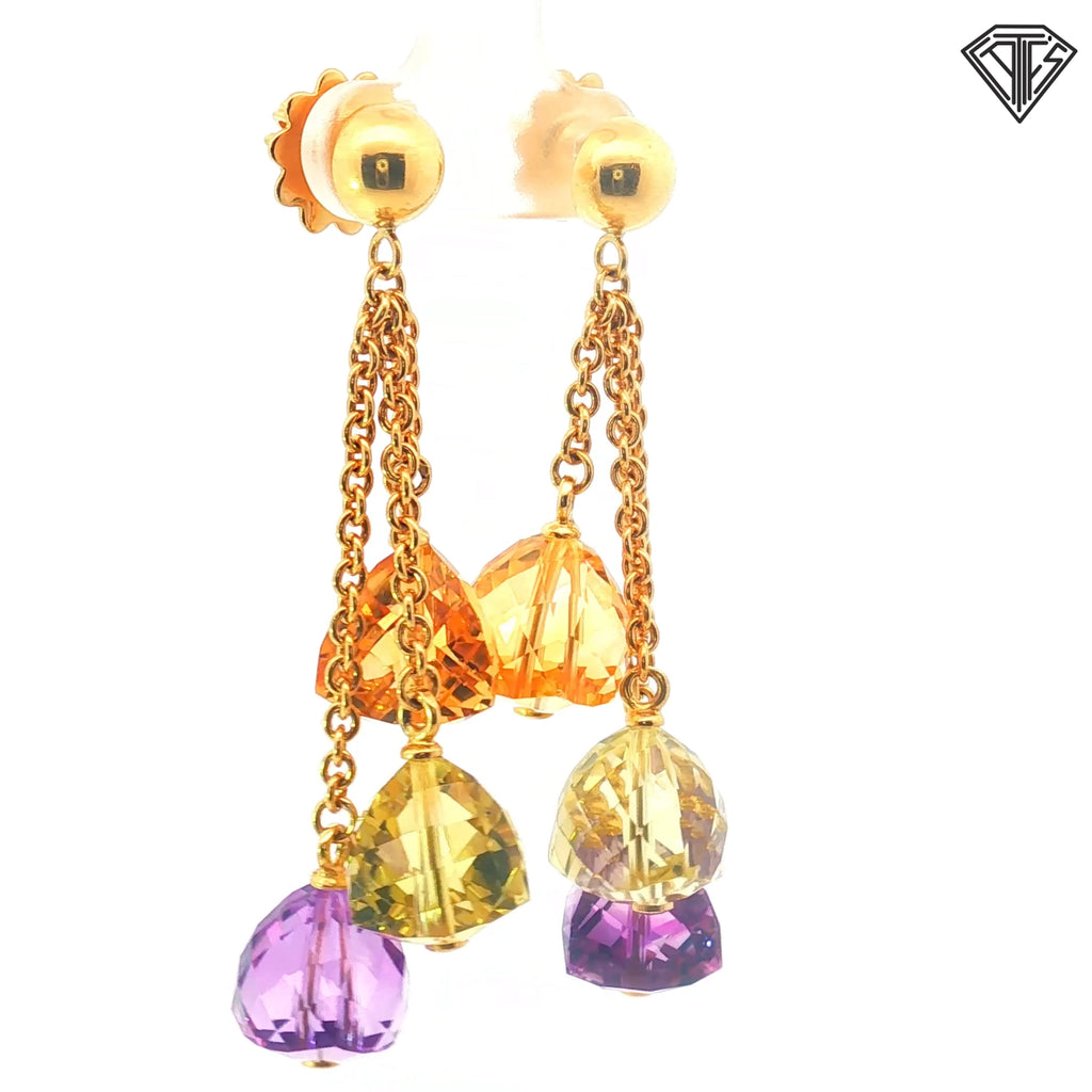 18k Yellow Gold Italian Multi Gemstones Amethyst, Peridot and Citrine Color Briolette Necklace and Earrings Set 54.6 gram
