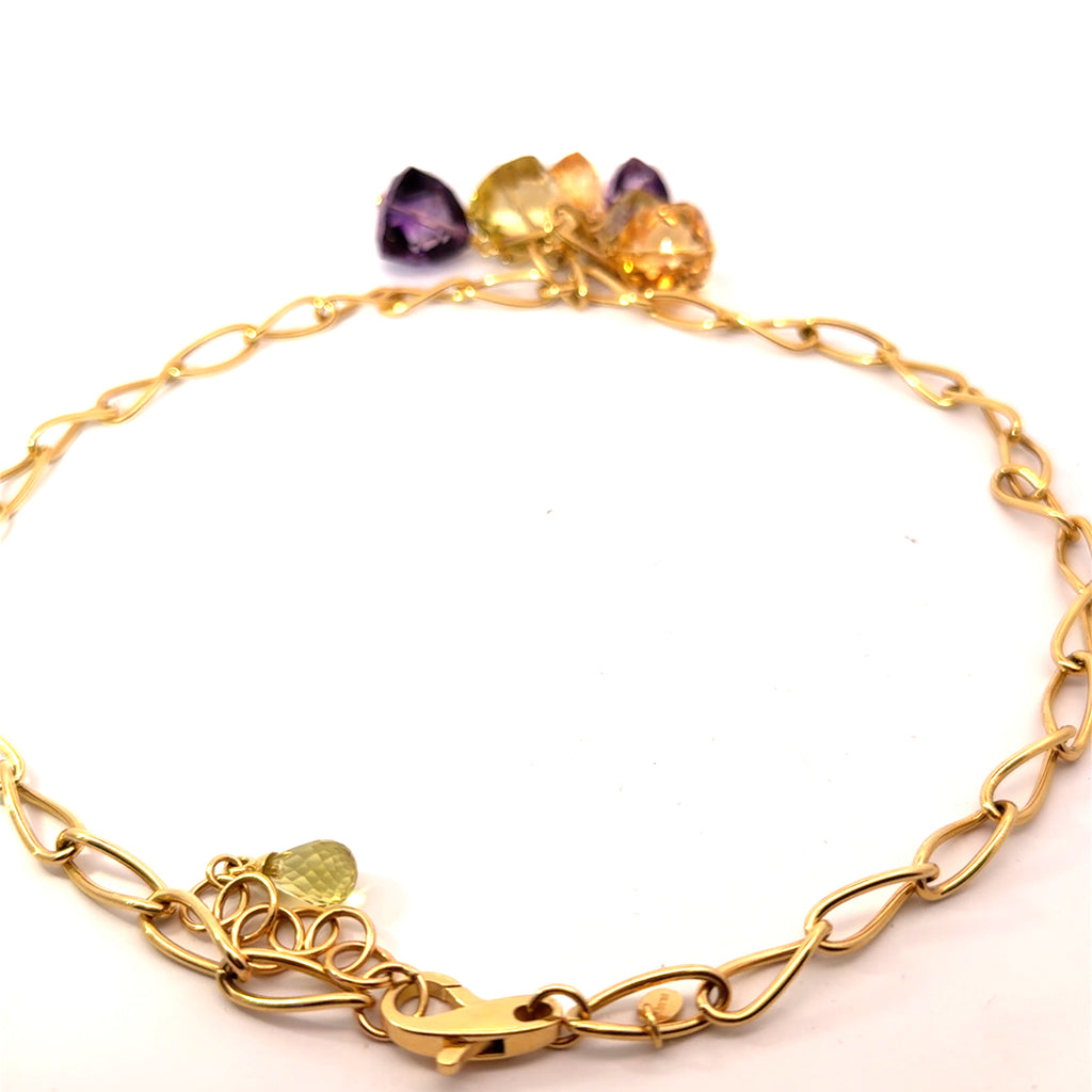 18k Yellow Gold Italian Multi Gemstones Amethyst, Peridot and Citrine Color Briolette Necklace and Earrings Set 54.6 gram