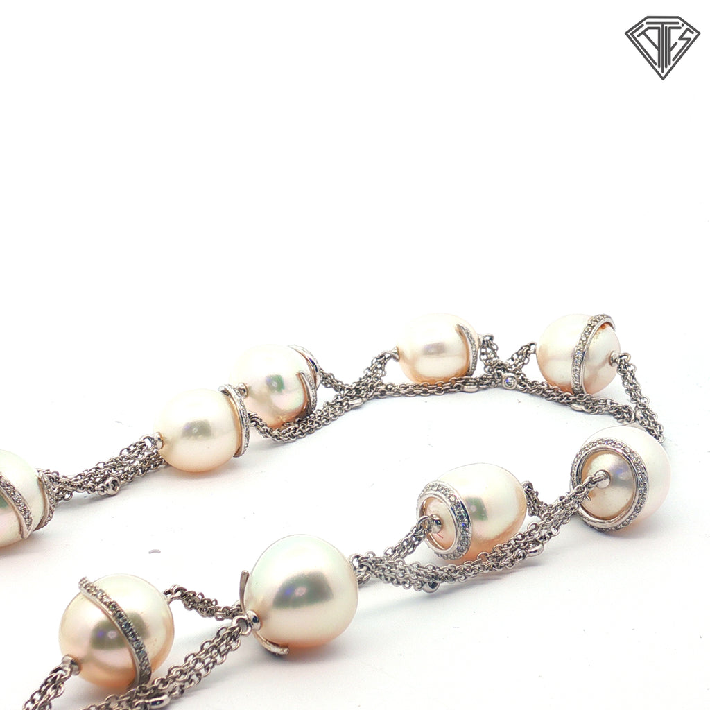 18k White Gold 2.50ct F VS1 Round Diamond / (14) White South Sea Pearls 12-14mm 61.3 gram 32" Opera Length