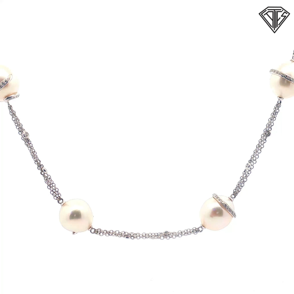 18k White Gold 2.50ct F VS1 Round Diamond / (14) White South Sea Pearls 12-14mm 61.3 gram 32" Opera Length