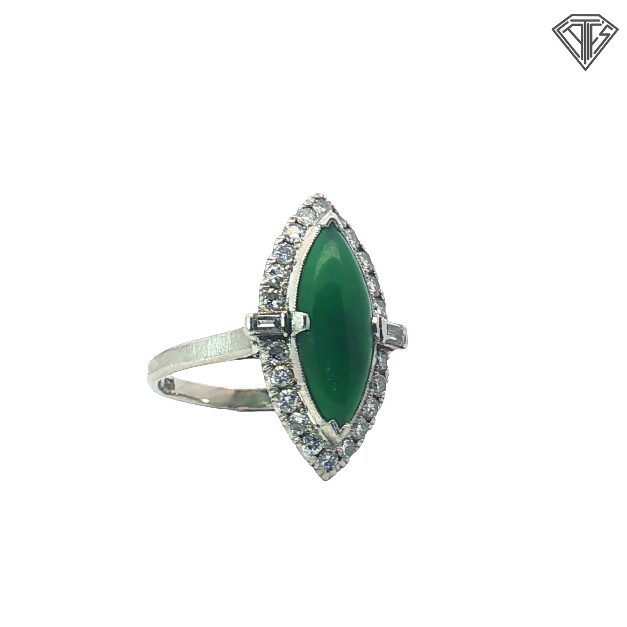 Platinum Jade Marquise Shape with a Halo .40ct G VS1 Round Diamond Ring Size 6