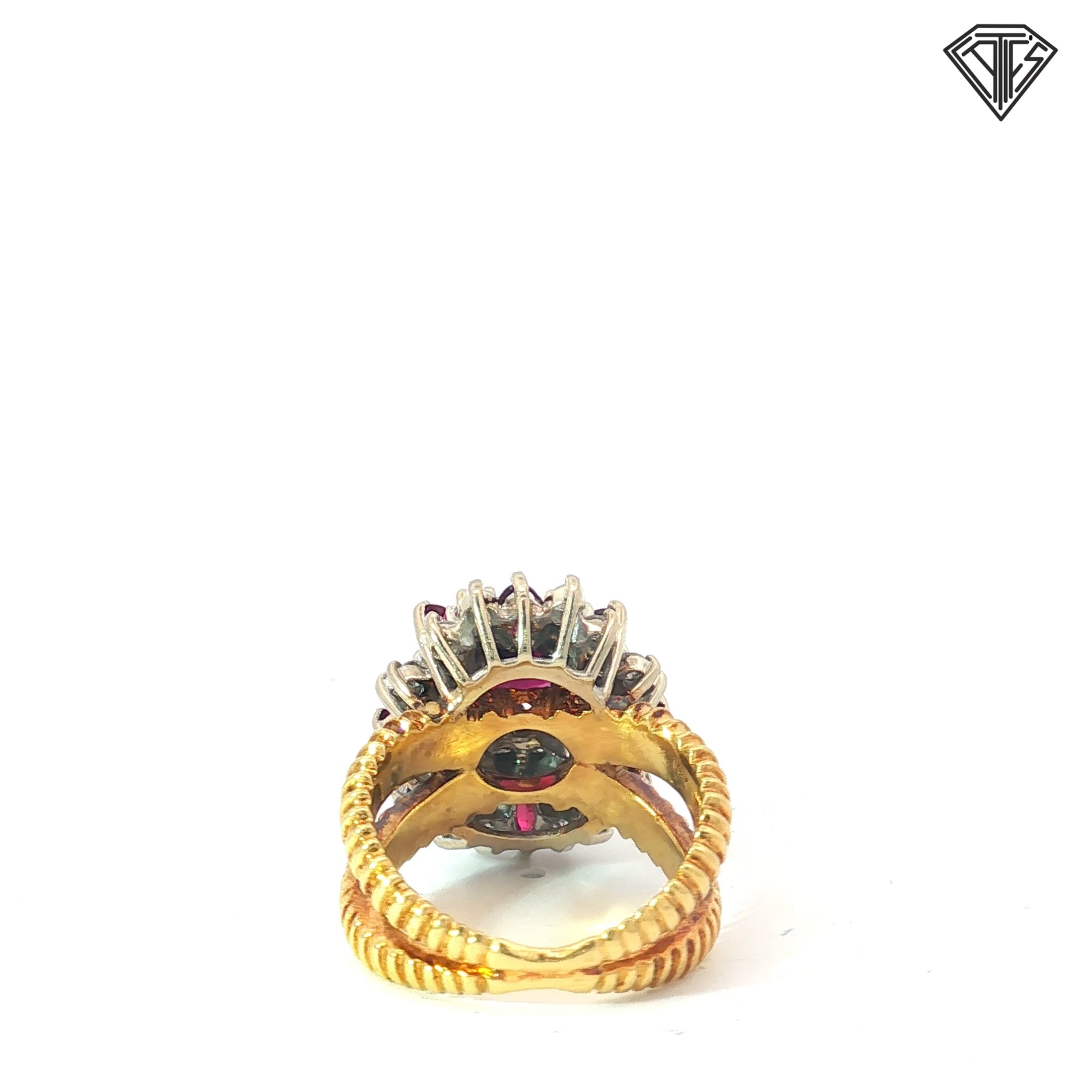 18k Two Tone 1.82ct Round Purplish-Red Ruby Center with Approximately / 1.00ct Marquise Cut Rubies /1.00ct  VS-SI , Near Colorless Bold-High profile cluster design with excellent finger presence and substantial construction Size 6.5