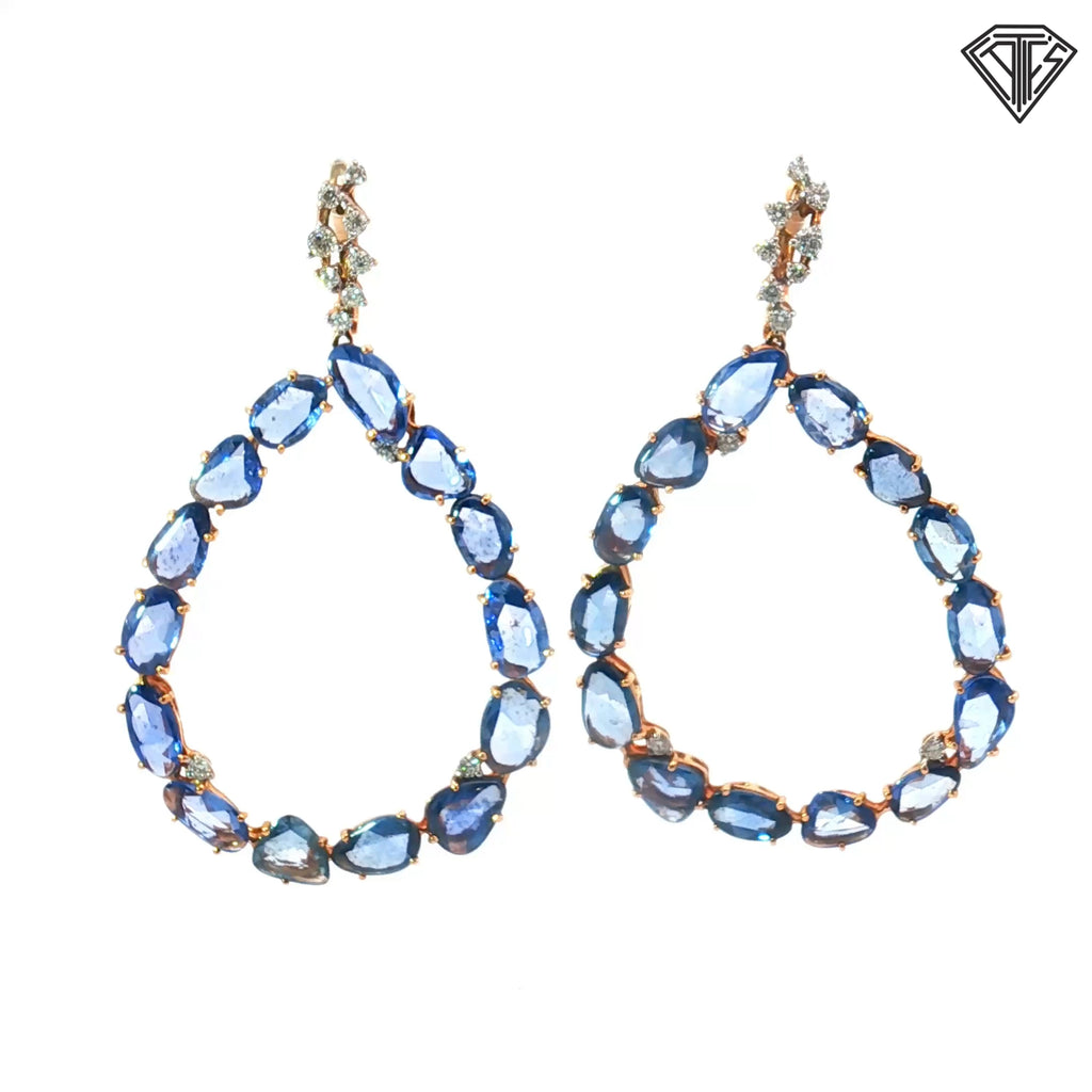 18k Rose Gold (Casato) Milano Italy 16.00ct Cabochon Slice Sapphire / .33ct F VS1 Round Diamond 13 gram /2"inch/1 1/2" wide Drop Earrings