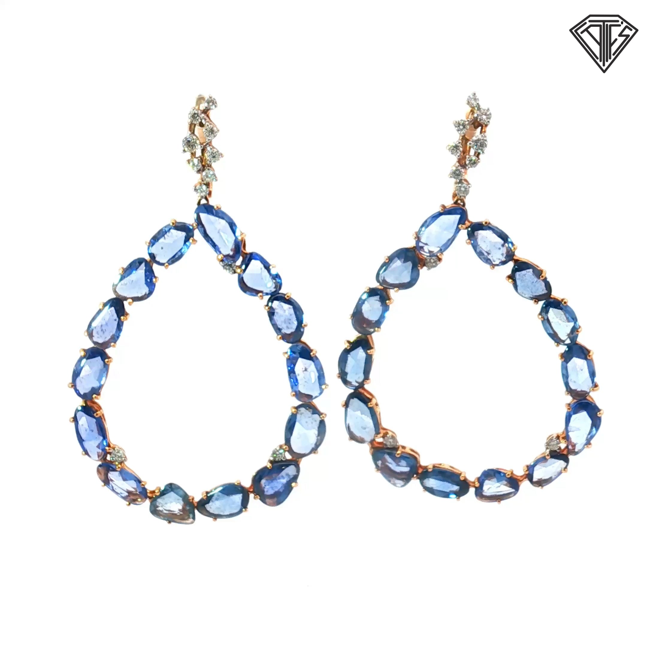 18k Rose Gold (Casato) Milano Italy 16.00ct Cabochon Slice Sapphire / .33ct F VS1 Round Diamond 13 gram /2"inch/1 1/2" wide Drop Earrings
