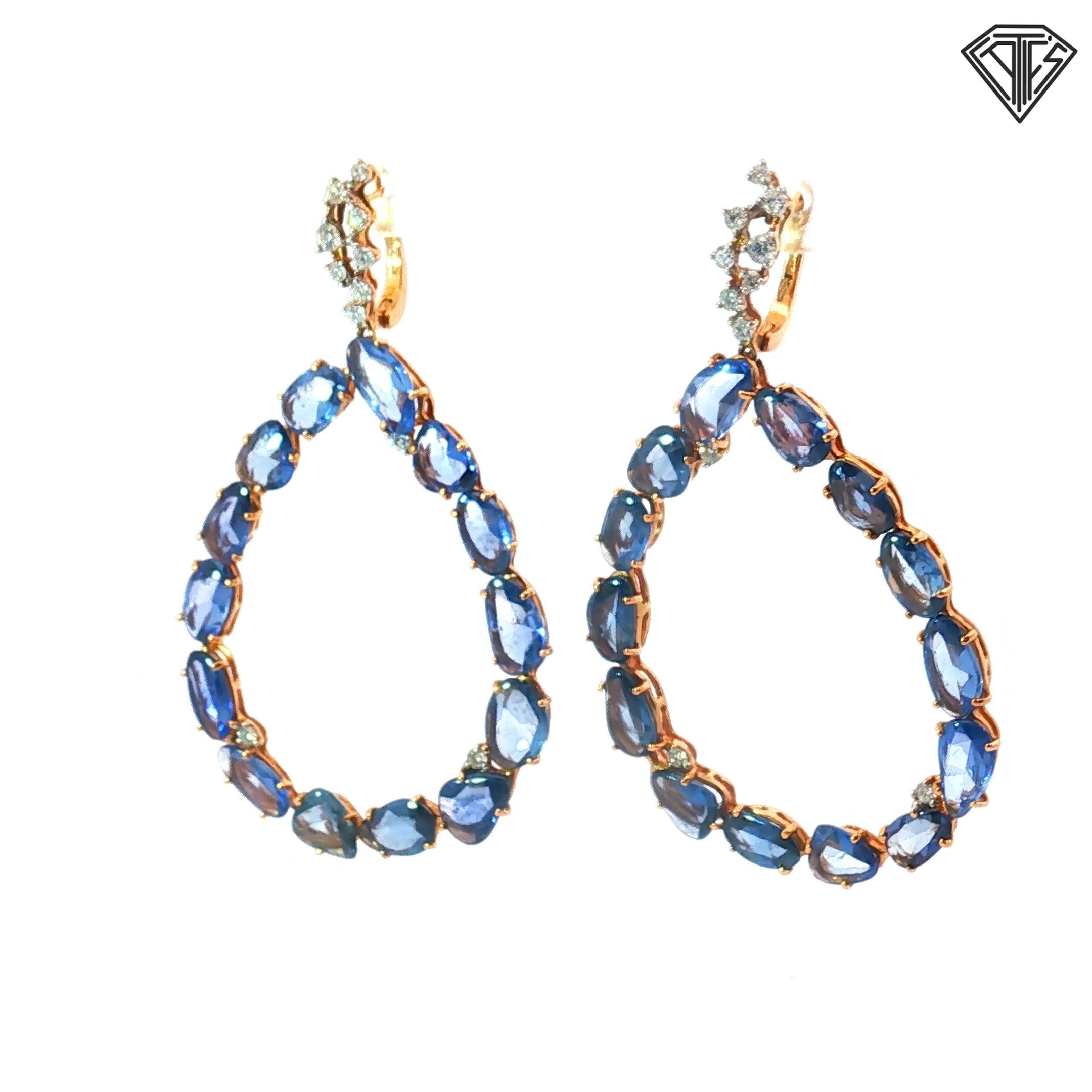 18k Rose Gold (Casato) Milano Italy 16.00ct Cabochon Slice Sapphire / .33ct F VS1 Round Diamond 13 gram /2"inch/1 1/2" wide Drop Earrings