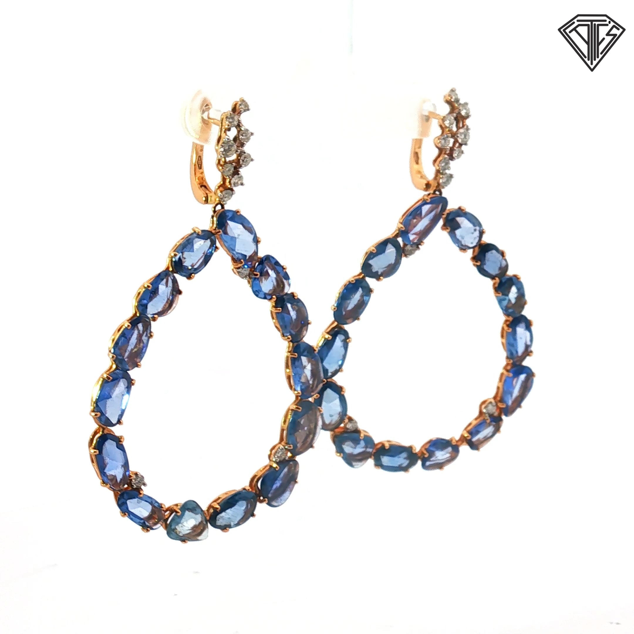 18k Rose Gold (Casato) Milano Italy 16.00ct Cabochon Slice Sapphire / .33ct F VS1 Round Diamond 13 gram /2"inch/1 1/2" wide Drop Earrings