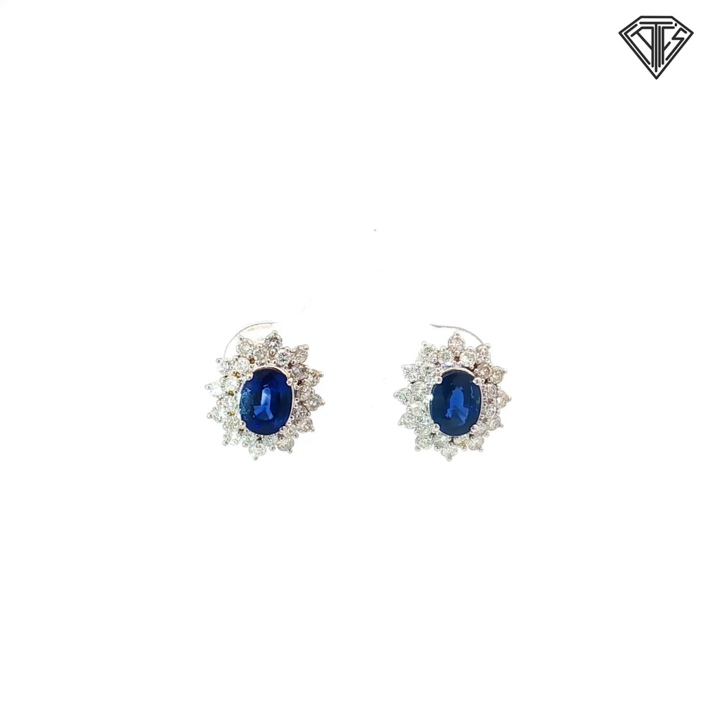18k White Gold 1.20ct Oval Blue Sapphire /.50ct G SI2 Round Diamond Stud Earrings
