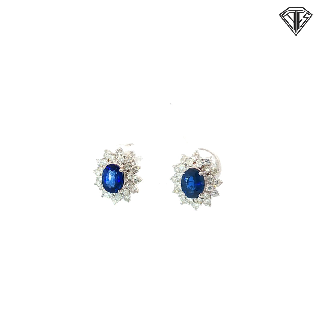 18k White Gold 1.20ct Oval Blue Sapphire /.50ct G SI2 Round Diamond Stud Earrings