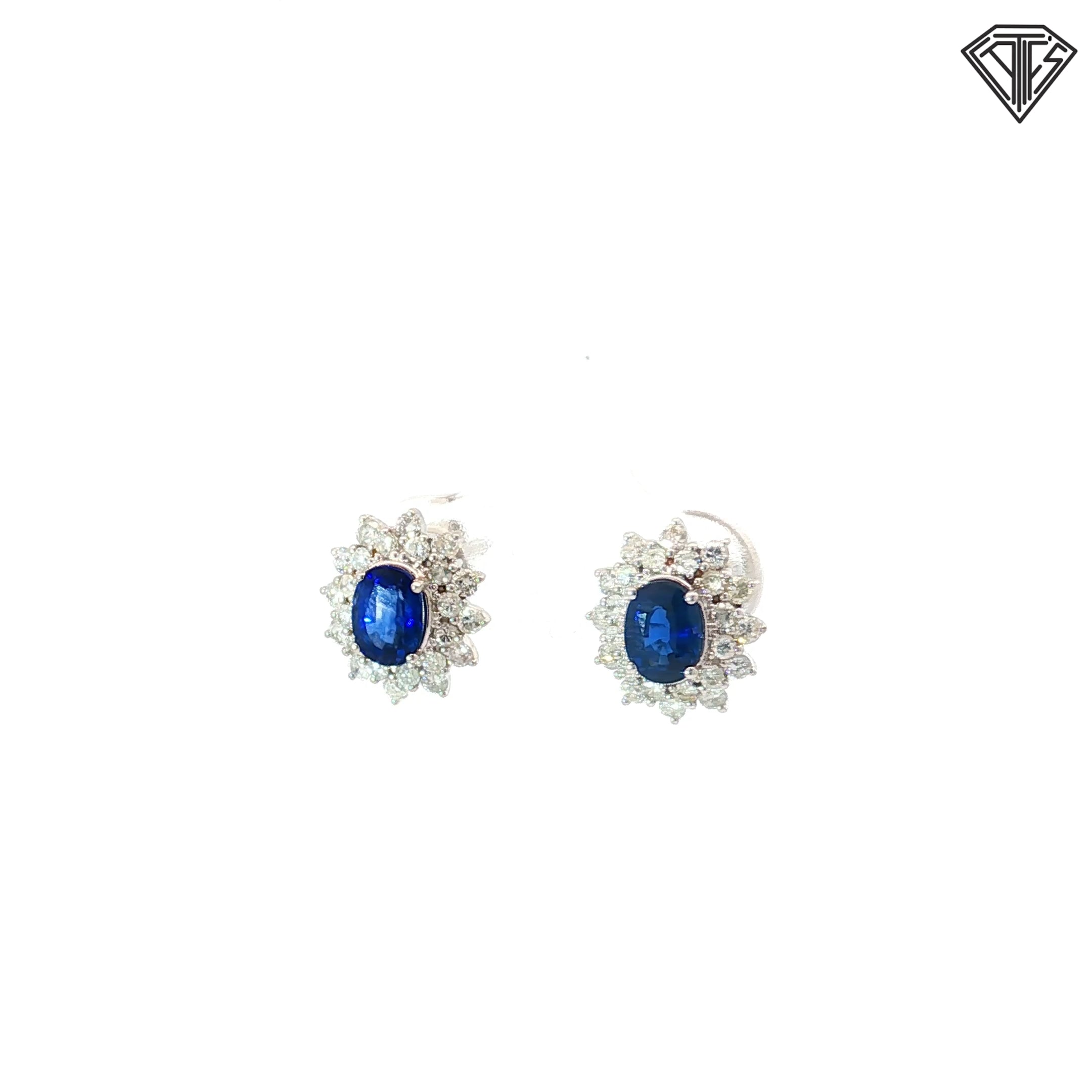 18k White Gold 1.20ct Oval Blue Sapphire /.50ct G SI2 Round Diamond Stud Earrings