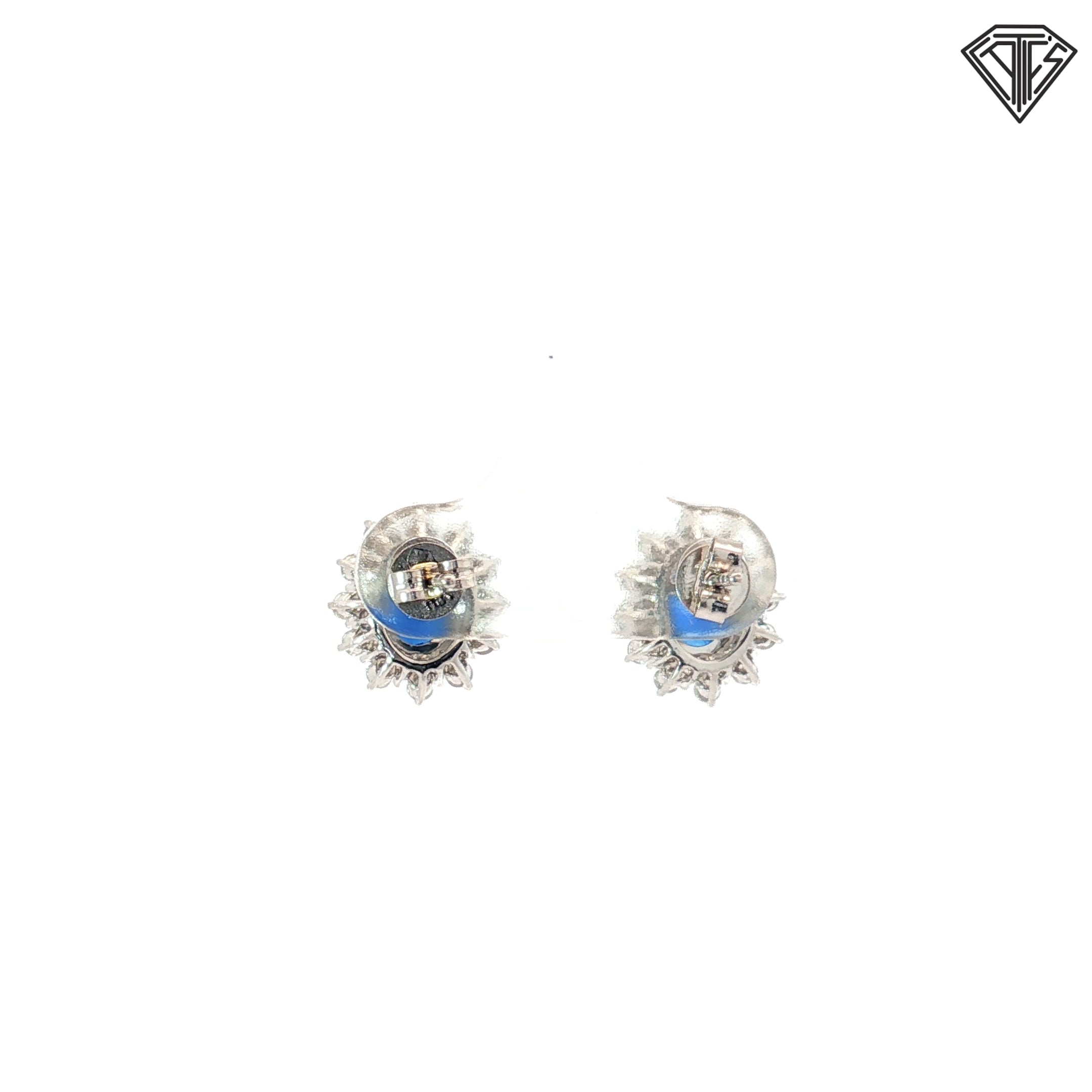 18k White Gold 1.20ct Oval Blue Sapphire /.50ct G SI2 Round Diamond Stud Earrings