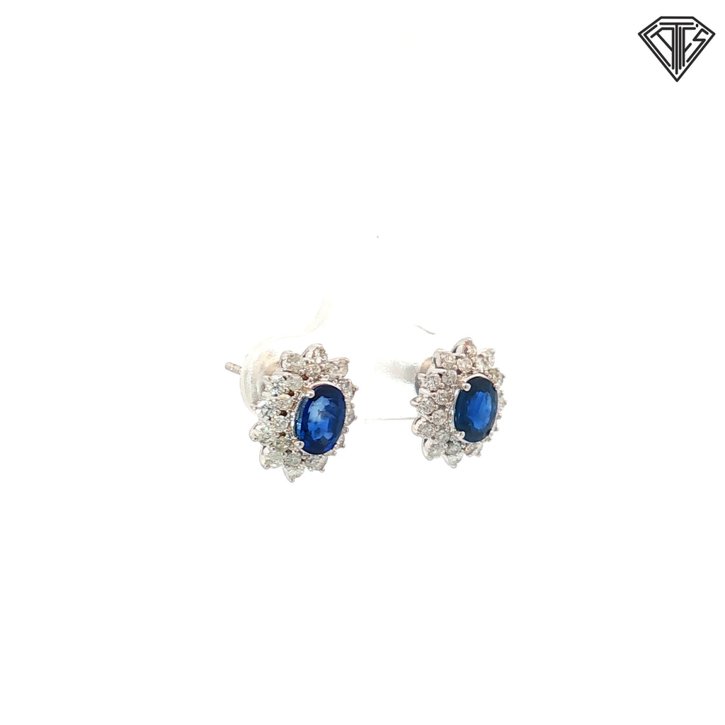 18k White Gold 1.20ct Oval Blue Sapphire /.50ct G SI2 Round Diamond Stud Earrings