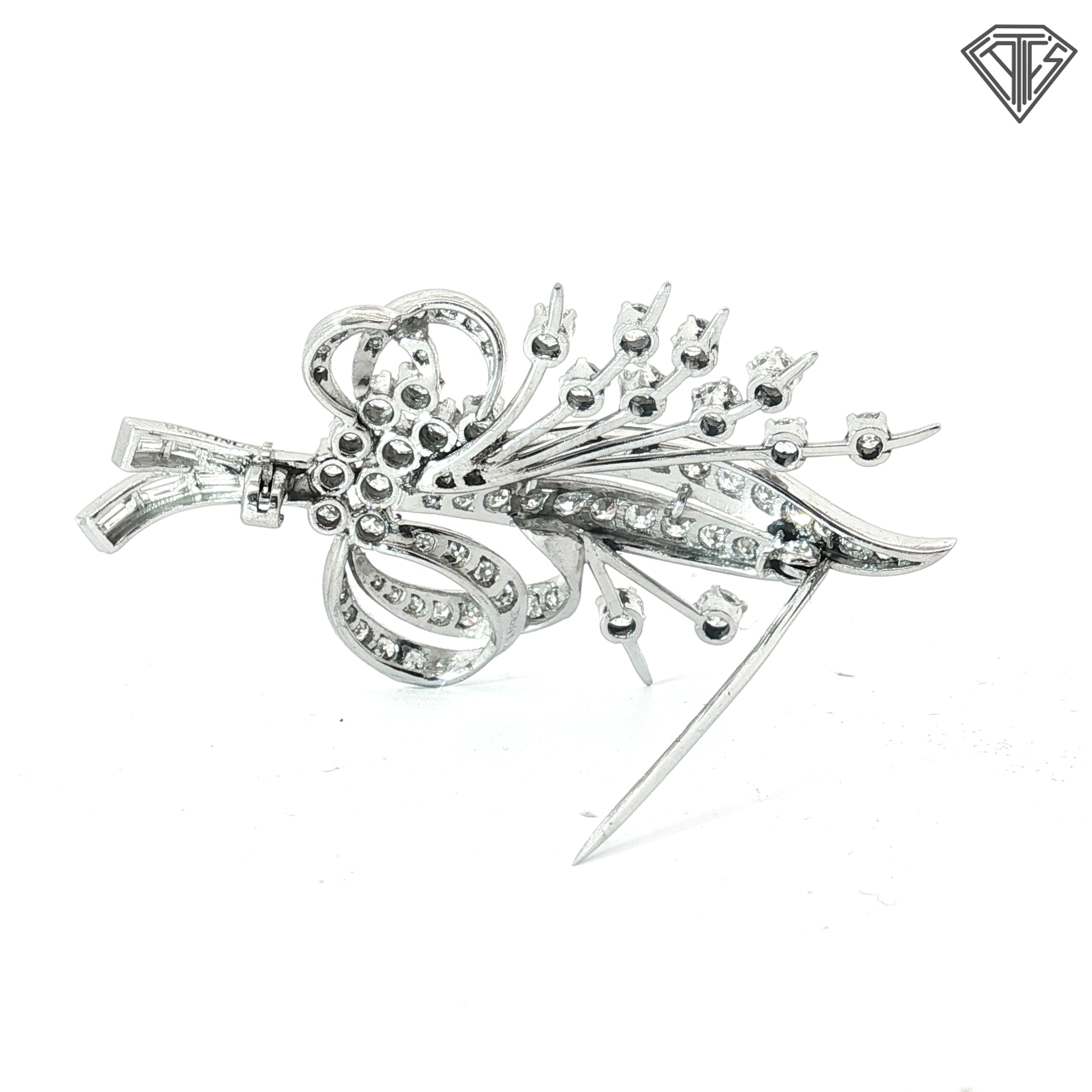 Platinum 1.94ct F VS1 Round and Baguette Total Weight Diamond Mid-Century Spray Brooch / Pin 10.5 gram