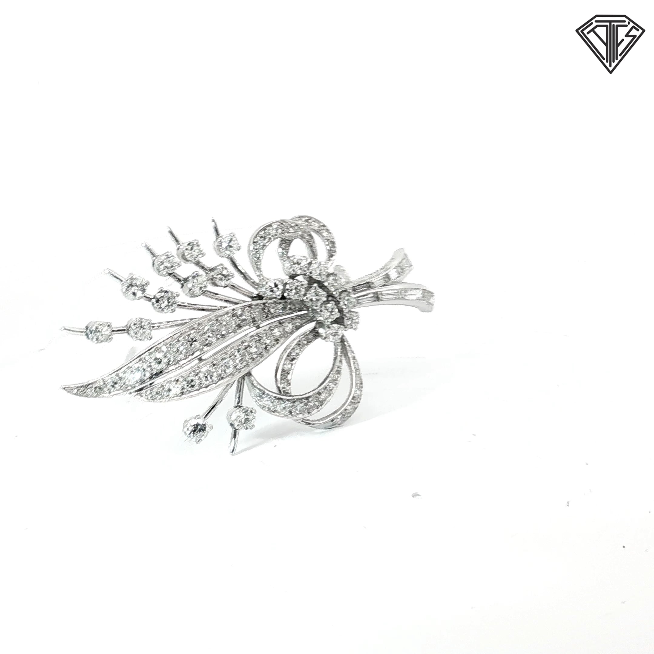 Platinum 1.94ct F VS1 Round and Baguette Total Weight Diamond Mid-Century Spray Brooch / Pin 10.5 gram