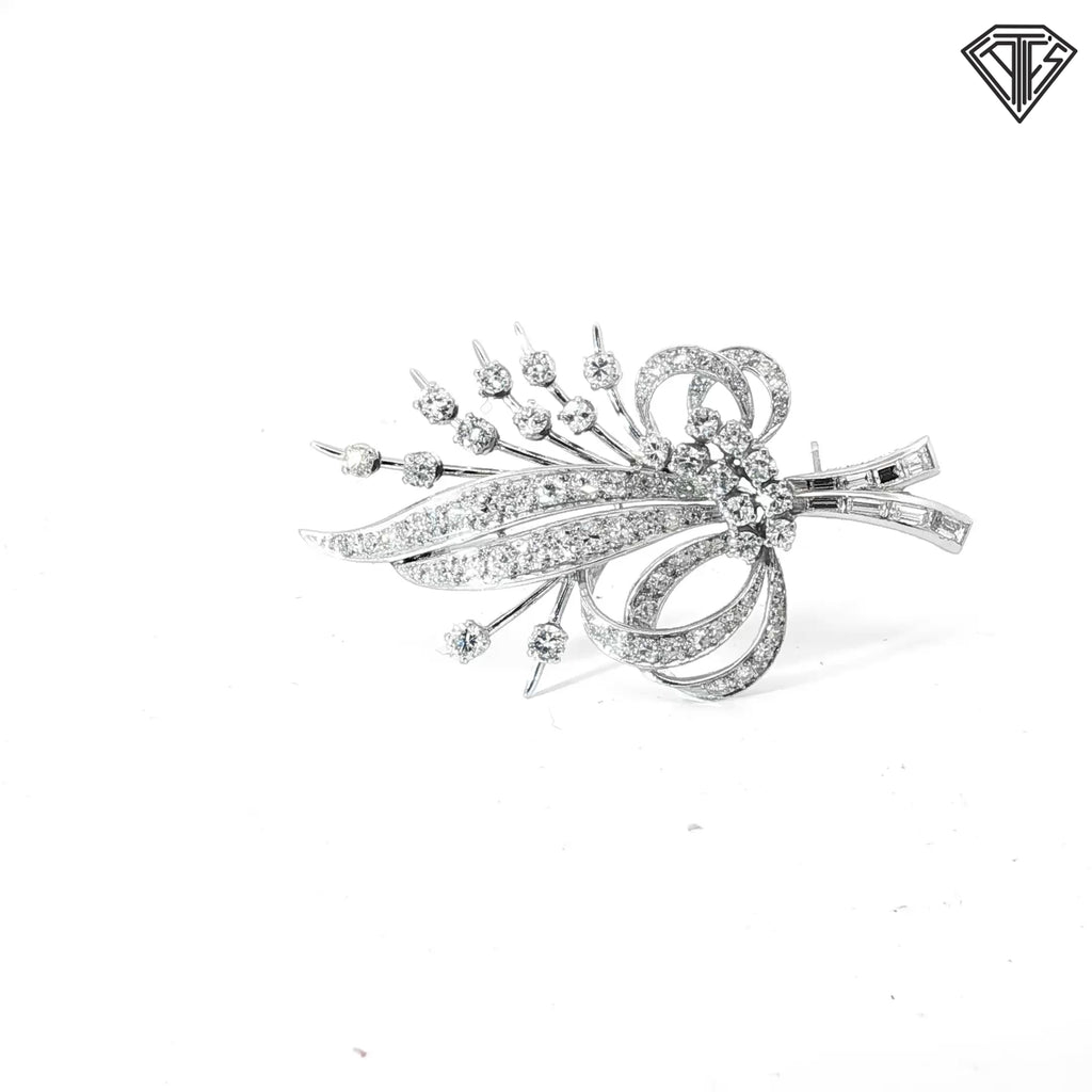 Platinum 1.94ct F VS1 Round and Baguette Total Weight Diamond Mid-Century Spray Brooch / Pin 10.5 gram