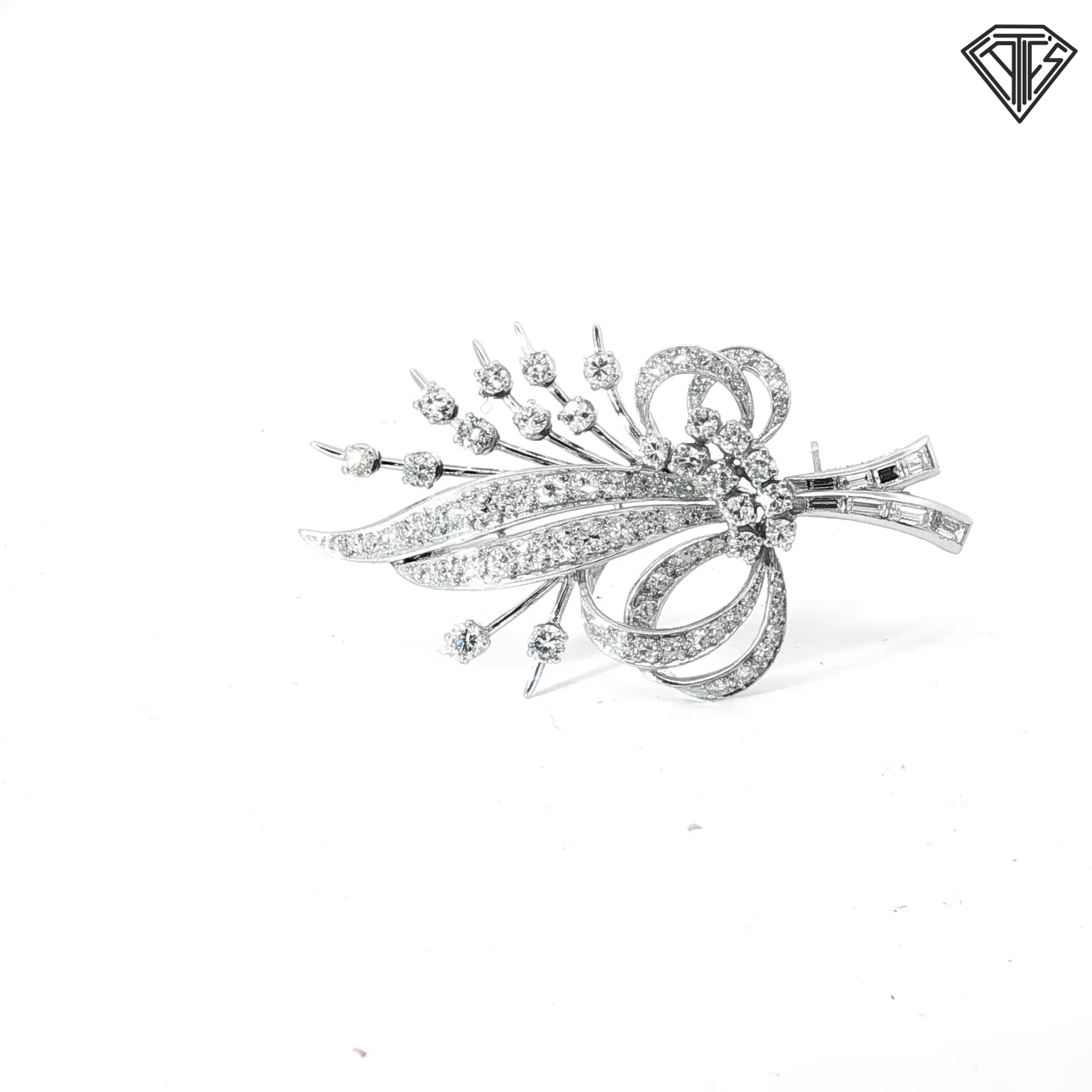 Platinum 1.94ct F VS1 Round and Baguette Total Weight Diamond Mid-Century Spray Brooch / Pin 10.5 gram