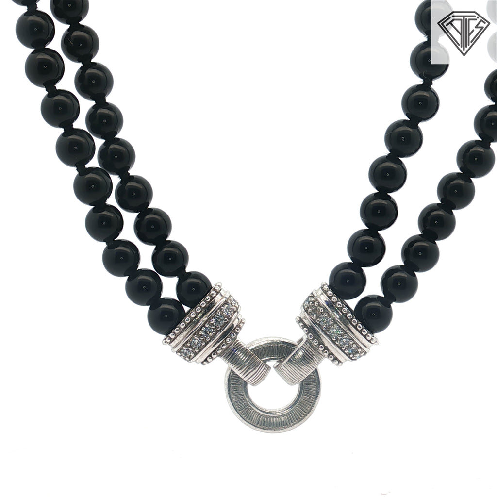 Pre-loved Judith Ripka Sterling Silver  Double Strand Onyx Bead Necklace with Diamonique Stones with (2) Changeable Pendants