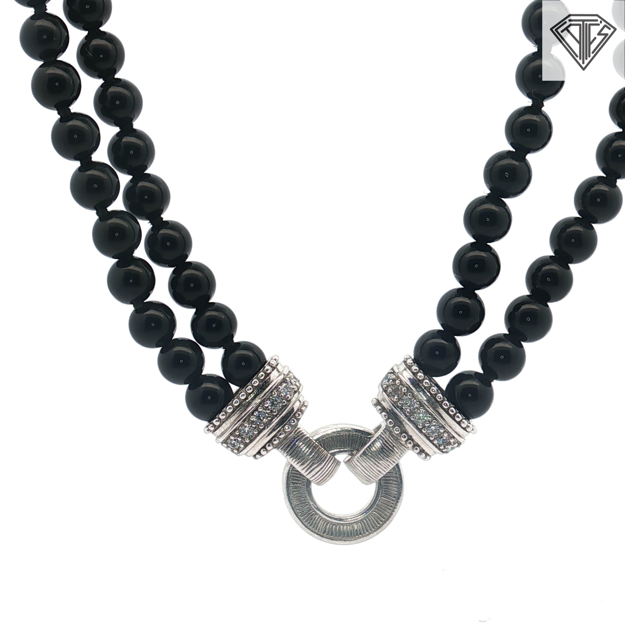 Pre-loved Judith Ripka Sterling Silver  Double Strand Onyx Bead Necklace with Diamonique Stones with (2) Changeable Pendants