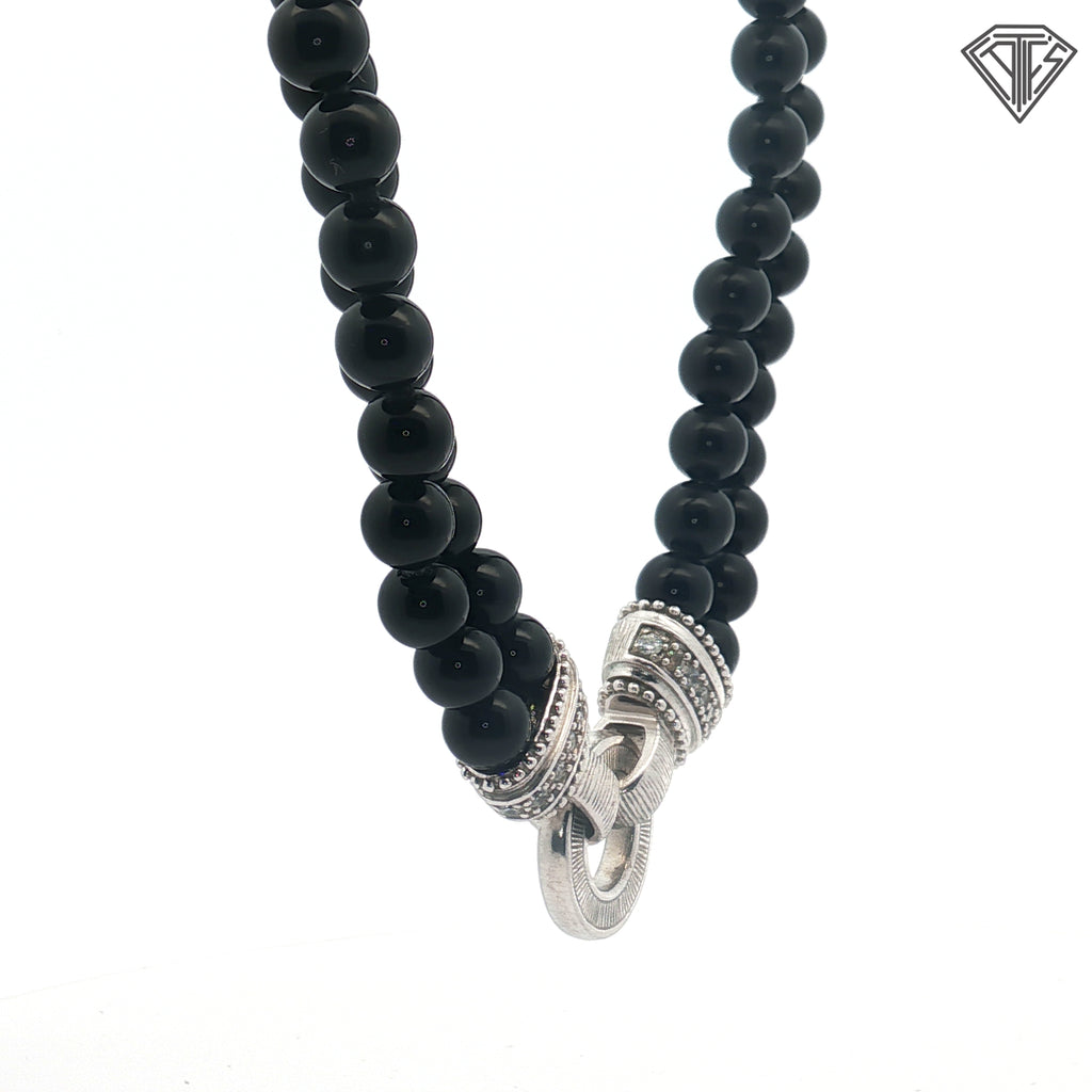Pre-loved Judith Ripka Sterling Silver  Double Strand Onyx Bead Necklace with Diamonique Stones with (2) Changeable Pendants