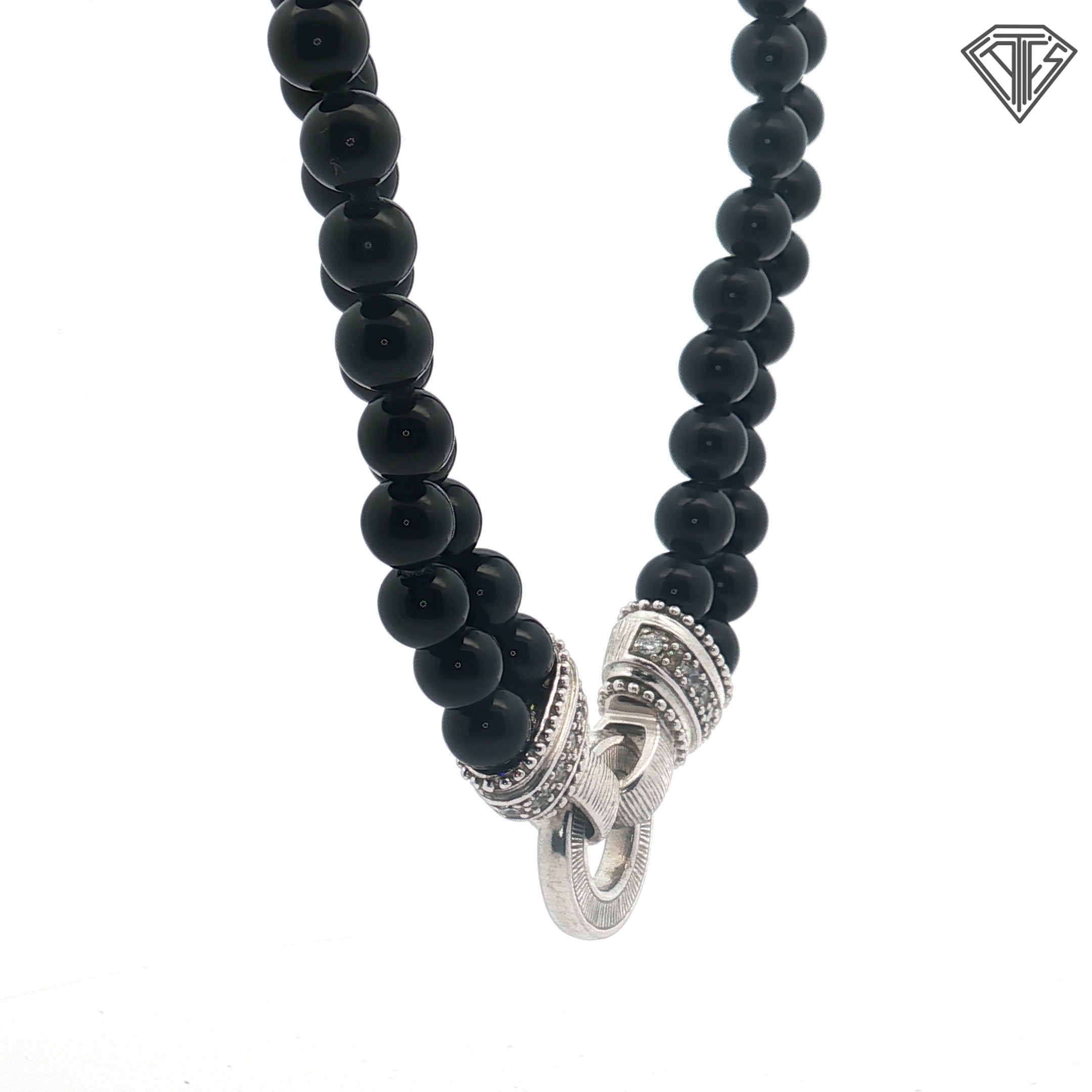 Pre-loved Judith Ripka Sterling Silver  Double Strand Onyx Bead Necklace with Diamonique Stones with (2) Changeable Pendants