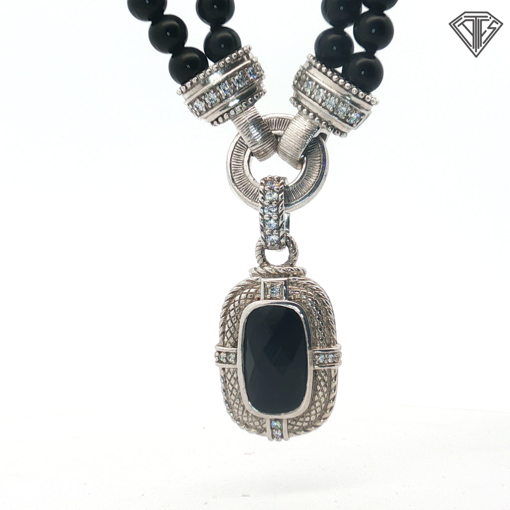Pre-loved Judith Ripka Sterling Silver  Double Strand Onyx Bead Necklace with Diamonique Stones with (2) Changeable Pendants