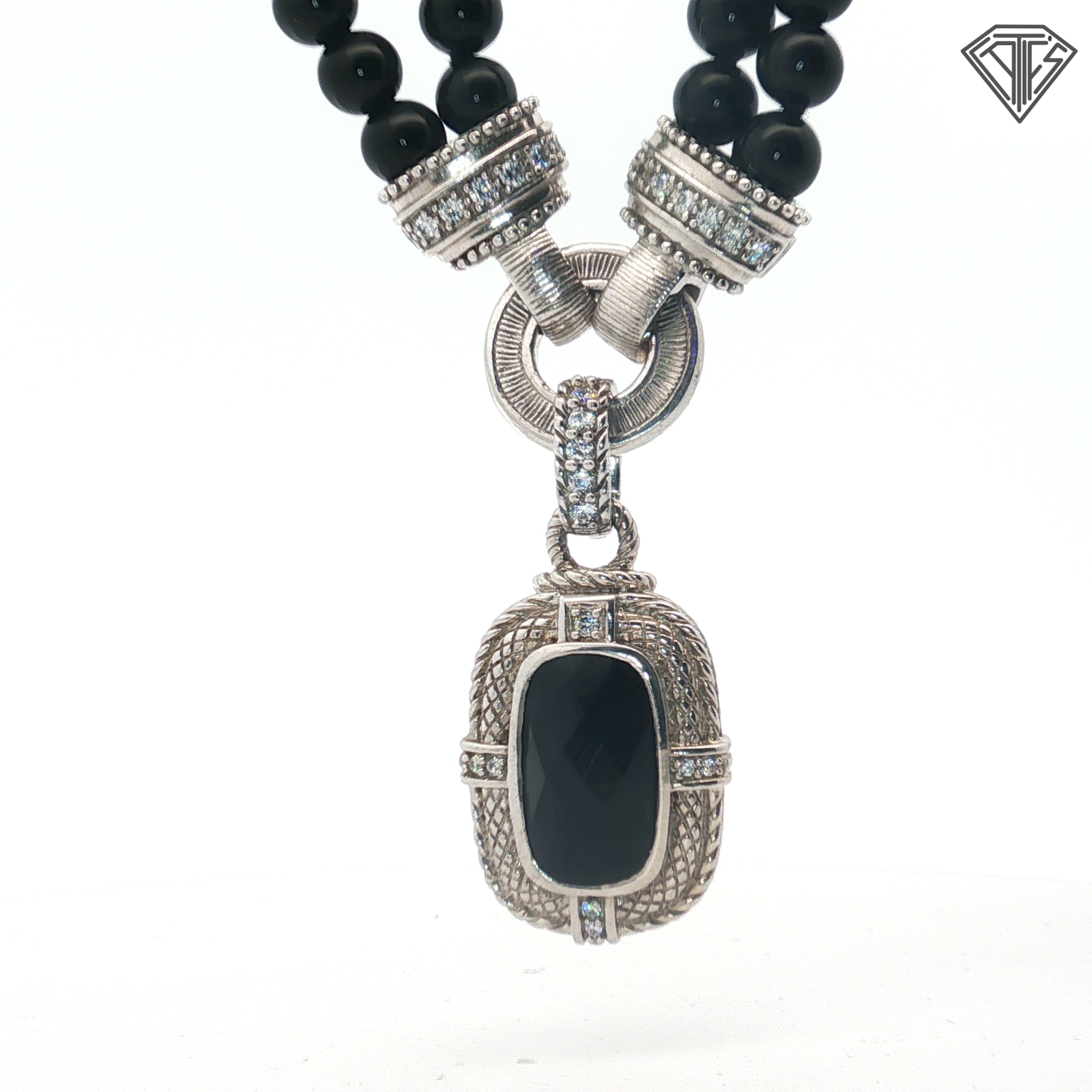 Pre-loved Judith Ripka Sterling Silver  Double Strand Onyx Bead Necklace with Diamonique Stones with (2) Changeable Pendants