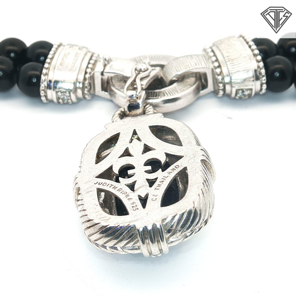 Pre-loved Judith Ripka Sterling Silver  Double Strand Onyx Bead Necklace with Diamonique Stones with (2) Changeable Pendants