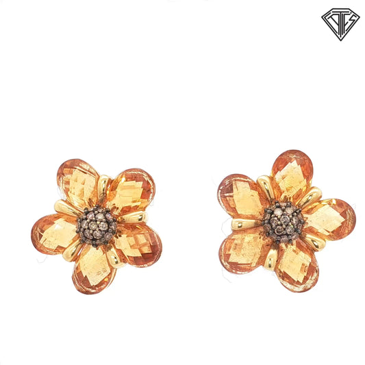 18k Yellow Gold .70ct Round Champagne Diamond / Approx. 30ct Pear Shape Citrine Flower Clip Back Earrings