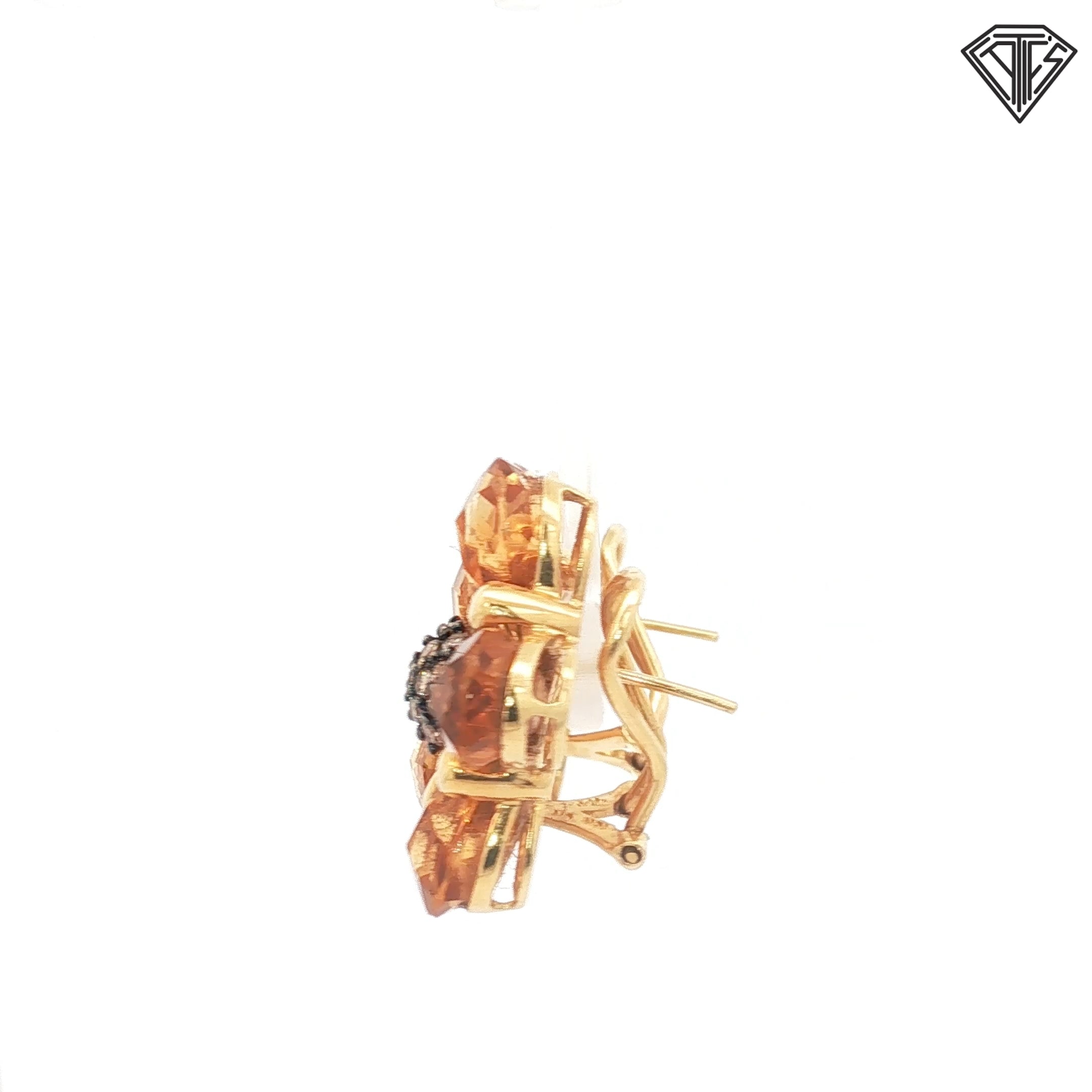 18k Yellow Gold .70ct Round Champagne Diamond / Approx. 30ct Pear Shape Citrine Flower Clip Back Earrings