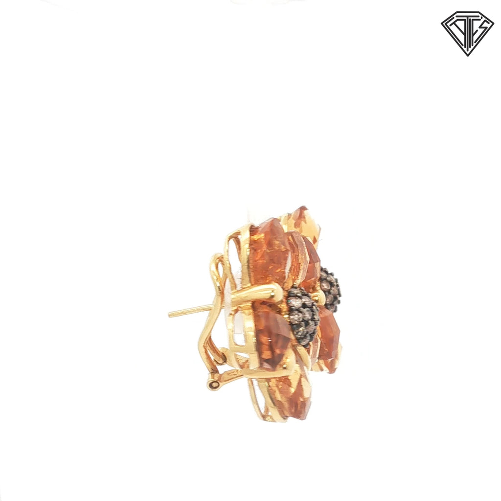 18k Yellow Gold .70ct Round Champagne Diamond / Approx. 30ct Pear Shape Citrine Flower Clip Back Earrings