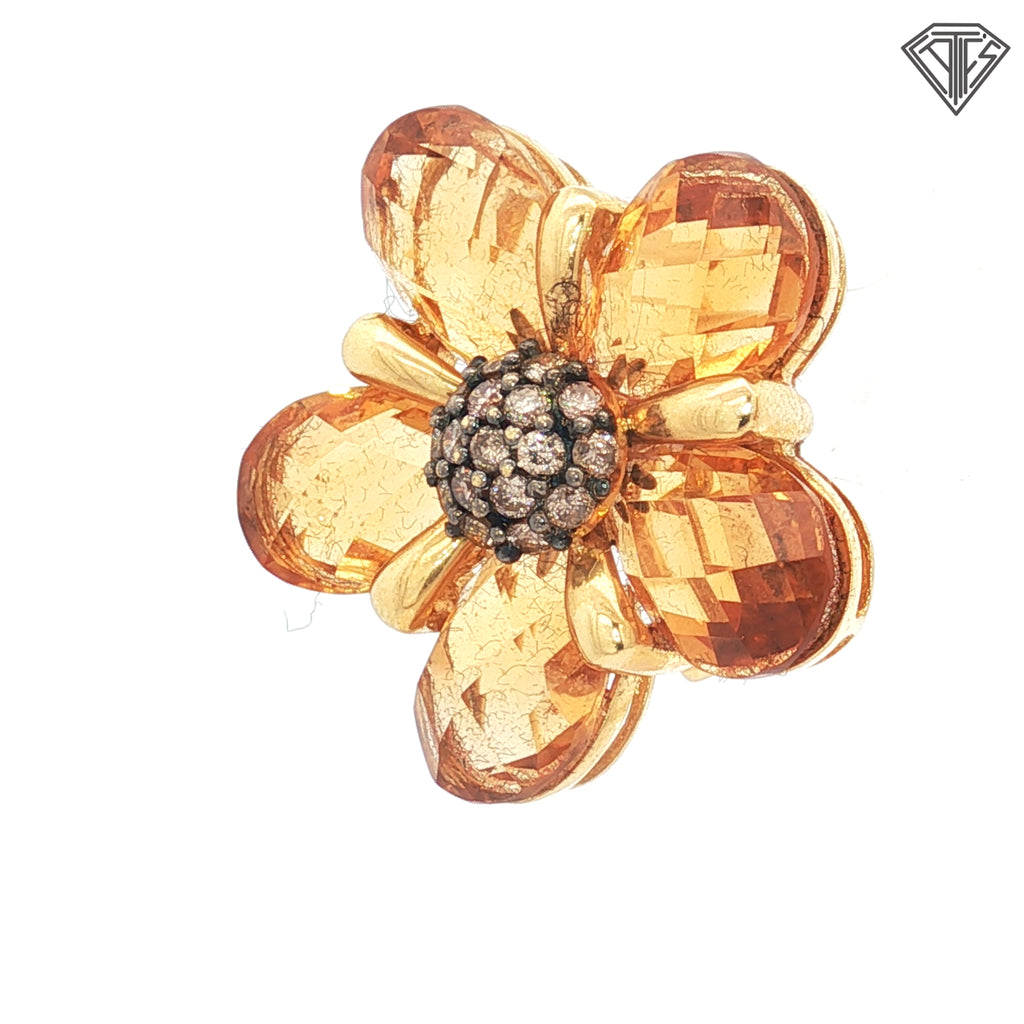 18k Yellow Gold .70ct Round Champagne Diamond / Approx. 30ct Pear Shape Citrine Flower Clip Back Earrings