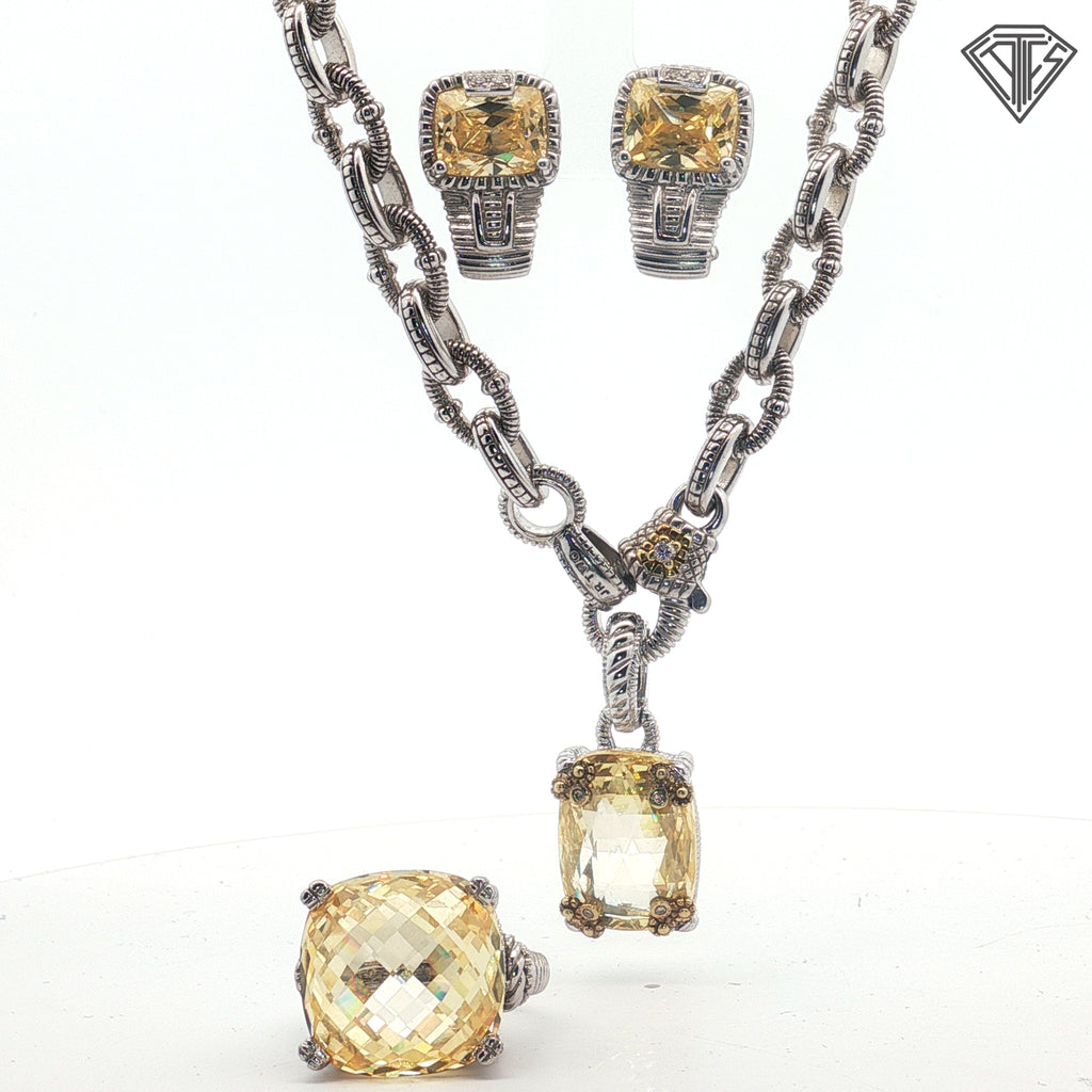 Pre-loved Judith Ripka Necklace ,Earrings and Ring Size 7  Set / 925 Silver with Decorative 18k Yellow Gold with Citrine Stones