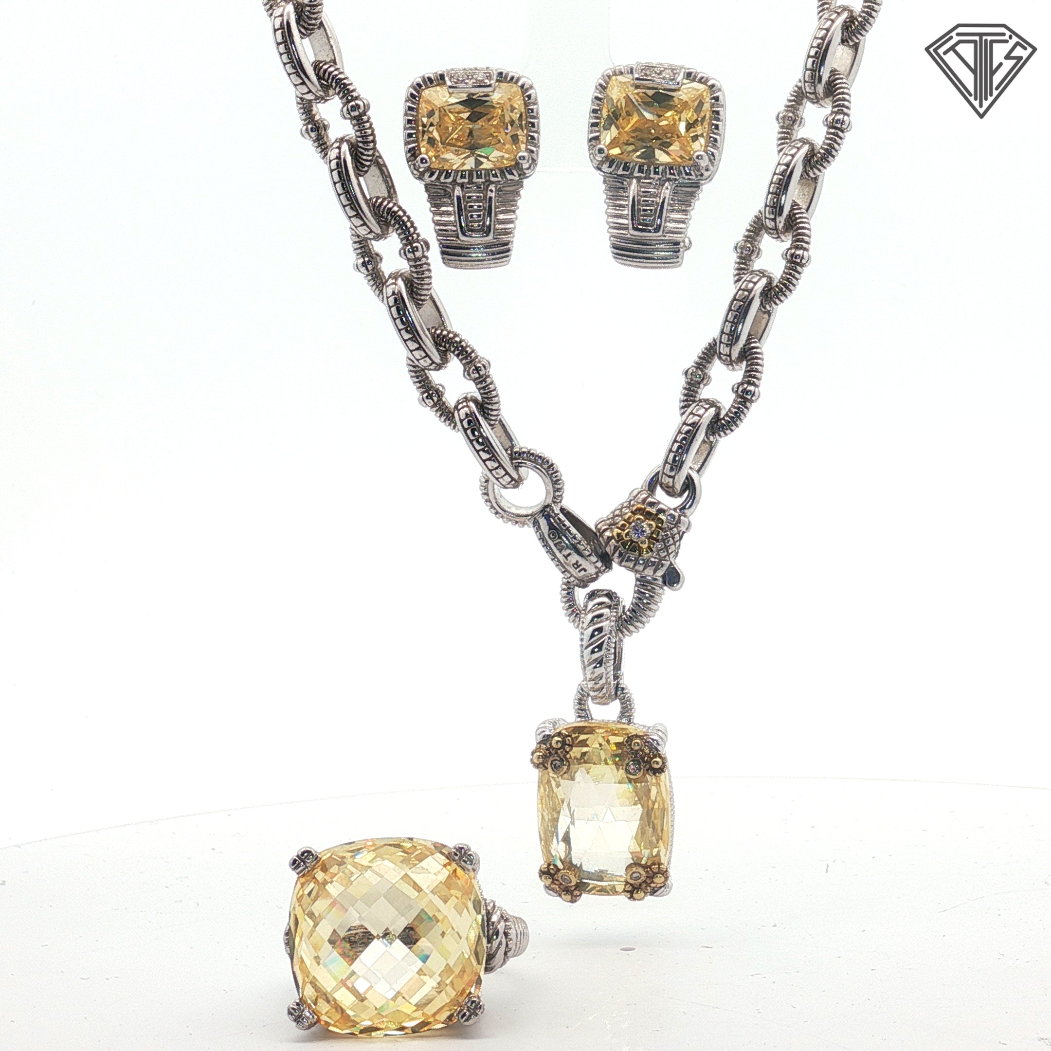 Pre-loved Judith Ripka Necklace ,Earrings and Ring Size 7  Set / 925 Silver with Decorative 18k Yellow Gold with Citrine Stones