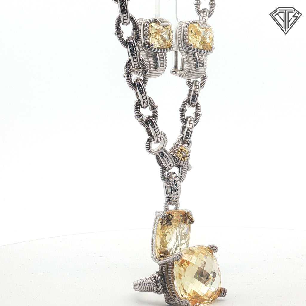 Pre-loved Judith Ripka Necklace ,Earrings and Ring Size 7  Set / 925 Silver with Decorative 18k Yellow Gold with Citrine Stones