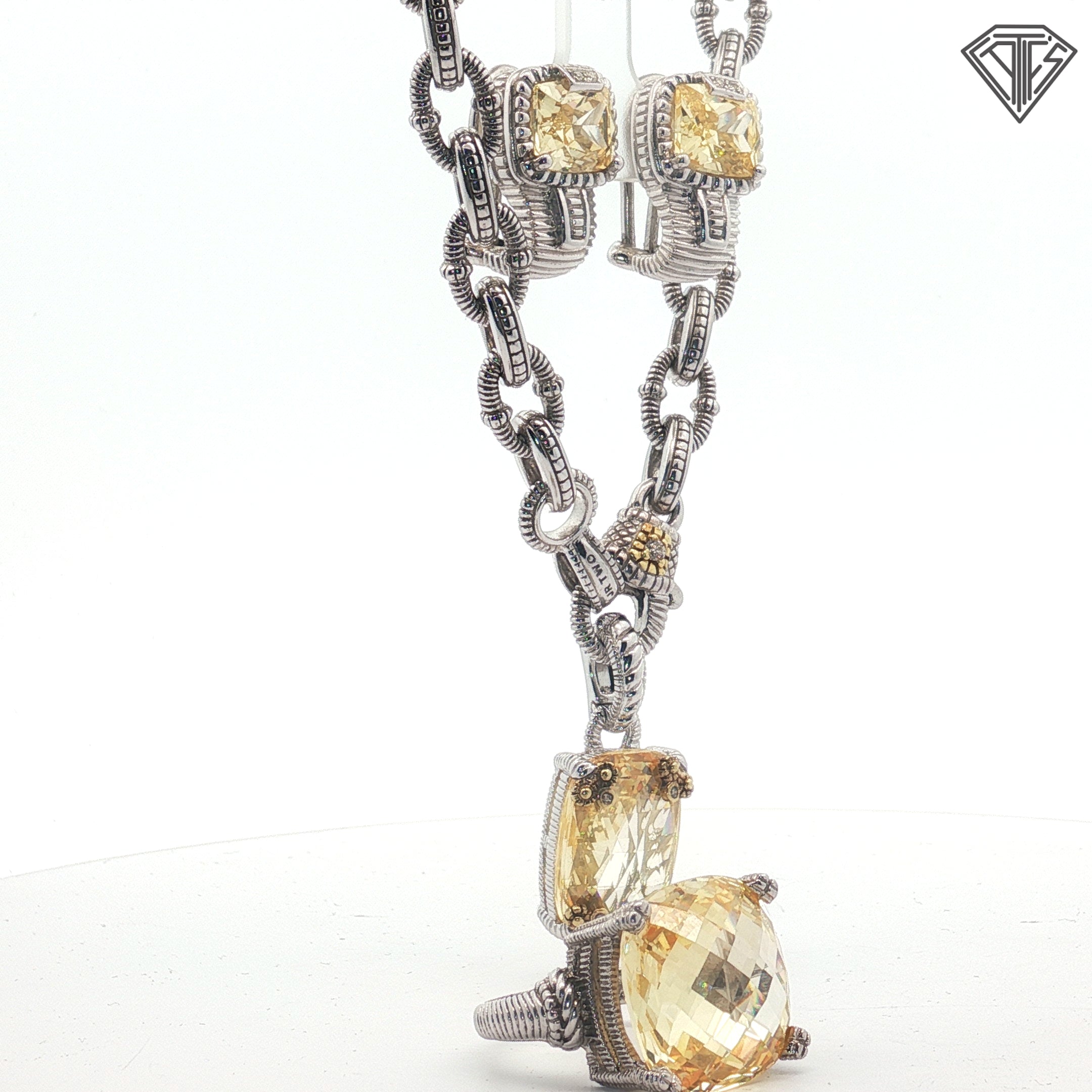 Pre-loved Judith Ripka Necklace ,Earrings and Ring Size 7  Set / 925 Silver with Decorative 18k Yellow Gold with Citrine Stones