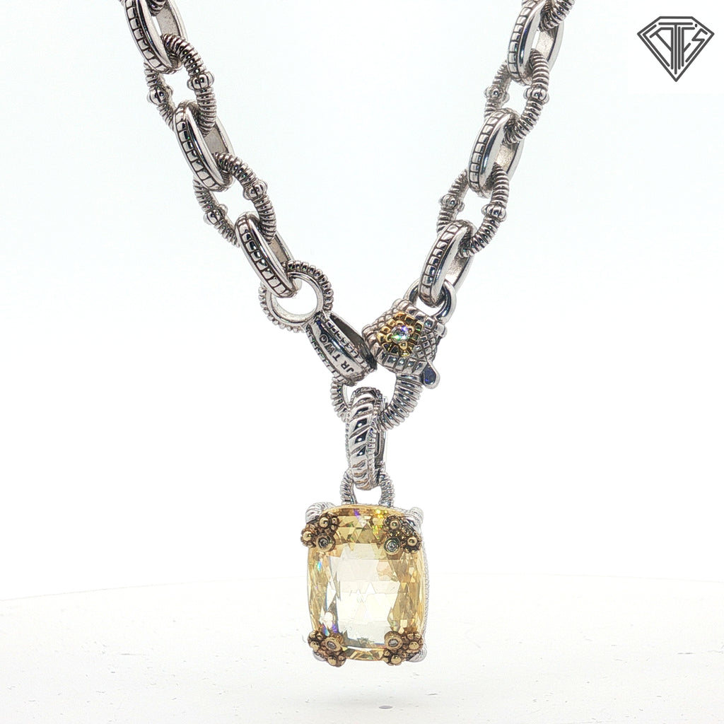 Pre-loved Judith Ripka Necklace ,Earrings and Ring Size 7  Set / 925 Silver with Decorative 18k Yellow Gold with Citrine Stones