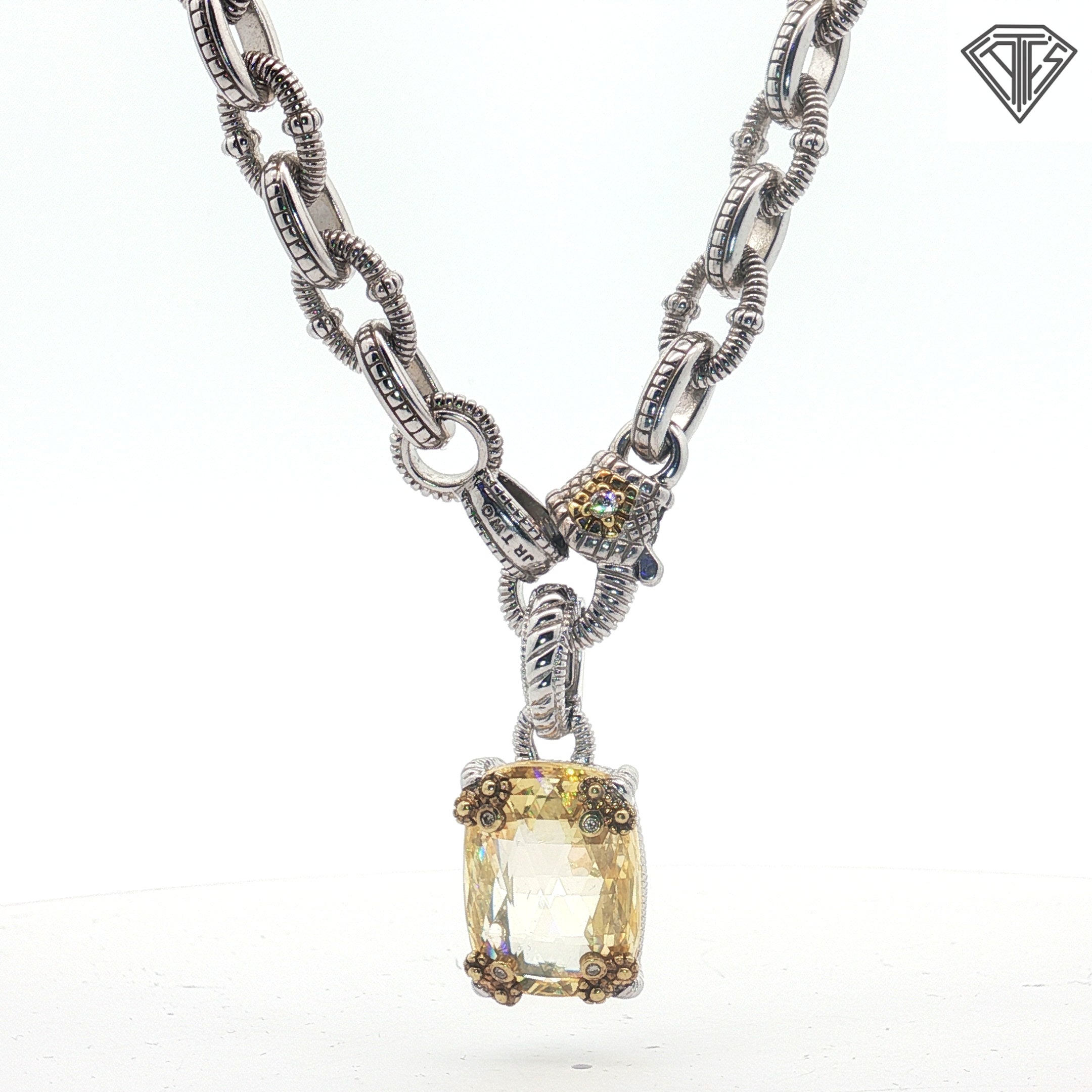 Pre-loved Judith Ripka Necklace ,Earrings and Ring Size 7  Set / 925 Silver with Decorative 18k Yellow Gold with Citrine Stones