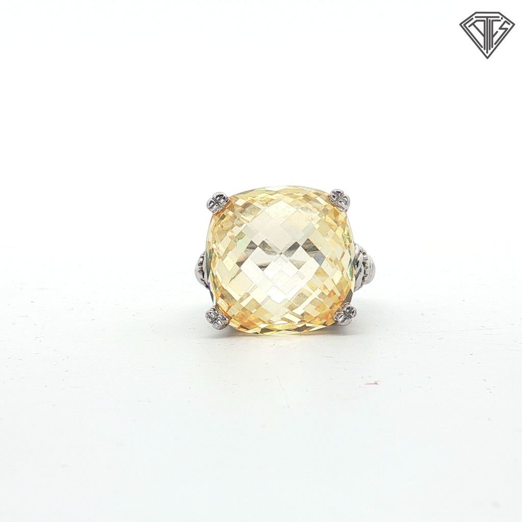 Pre-loved Judith Ripka Necklace ,Earrings and Ring Size 7  Set / 925 Silver with Decorative 18k Yellow Gold with Citrine Stones