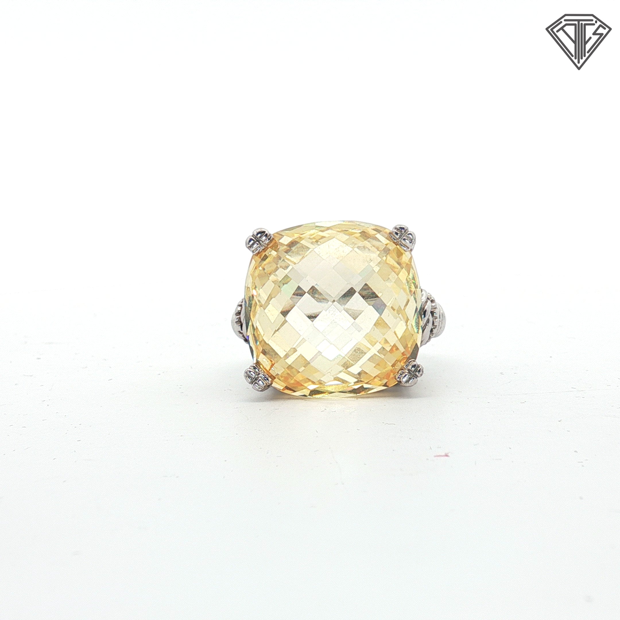 Pre-loved Judith Ripka Necklace ,Earrings and Ring Size 7  Set / 925 Silver with Decorative 18k Yellow Gold with Citrine Stones