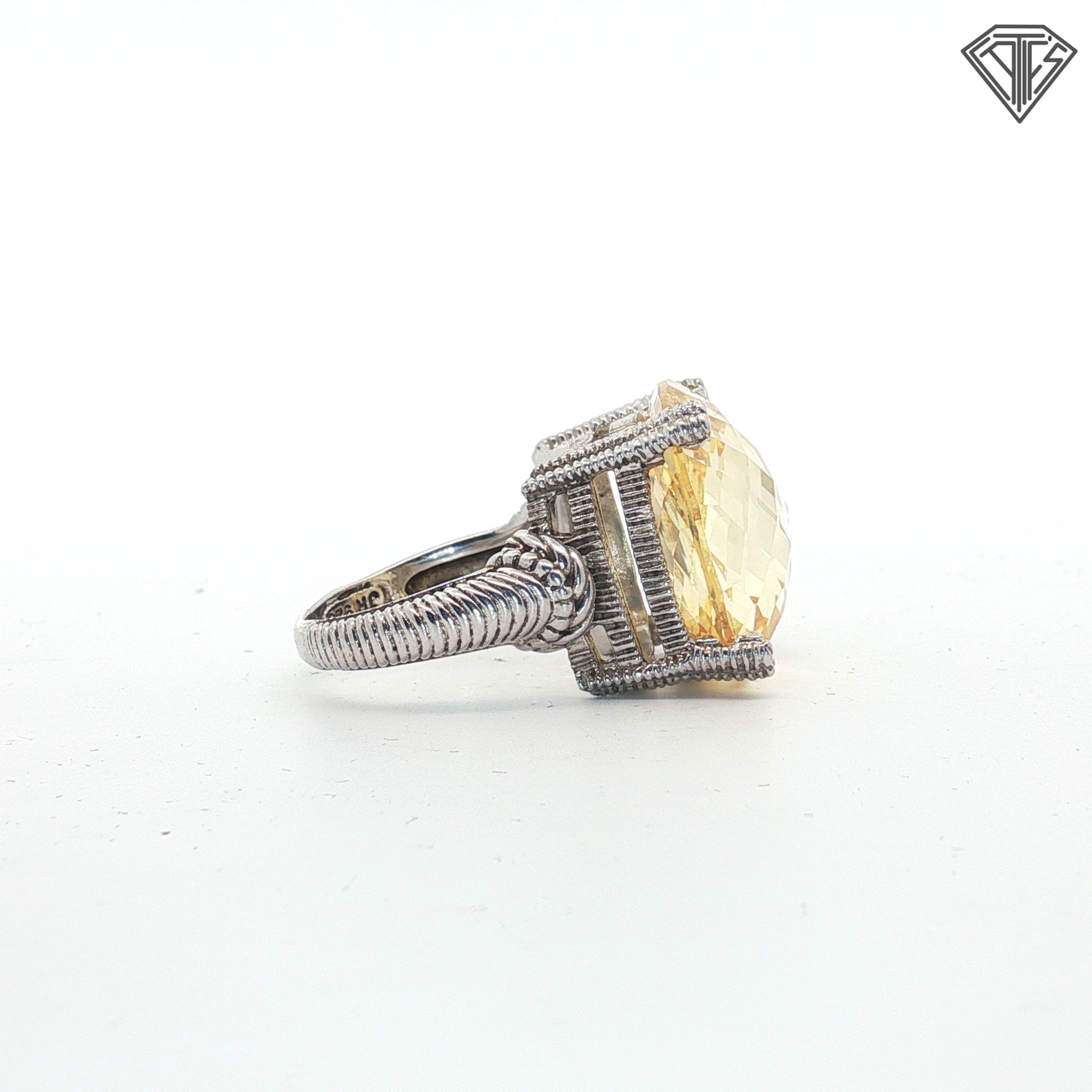 Pre-loved Judith Ripka Necklace ,Earrings and Ring Size 7  Set / 925 Silver with Decorative 18k Yellow Gold with Citrine Stones