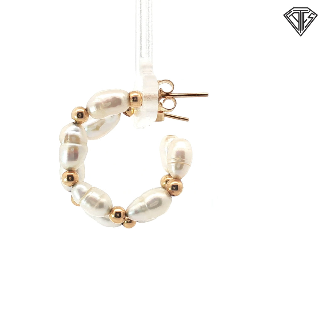 14k Yellow Gold Baroque Pearl with Gold Bead Hoop Earrings